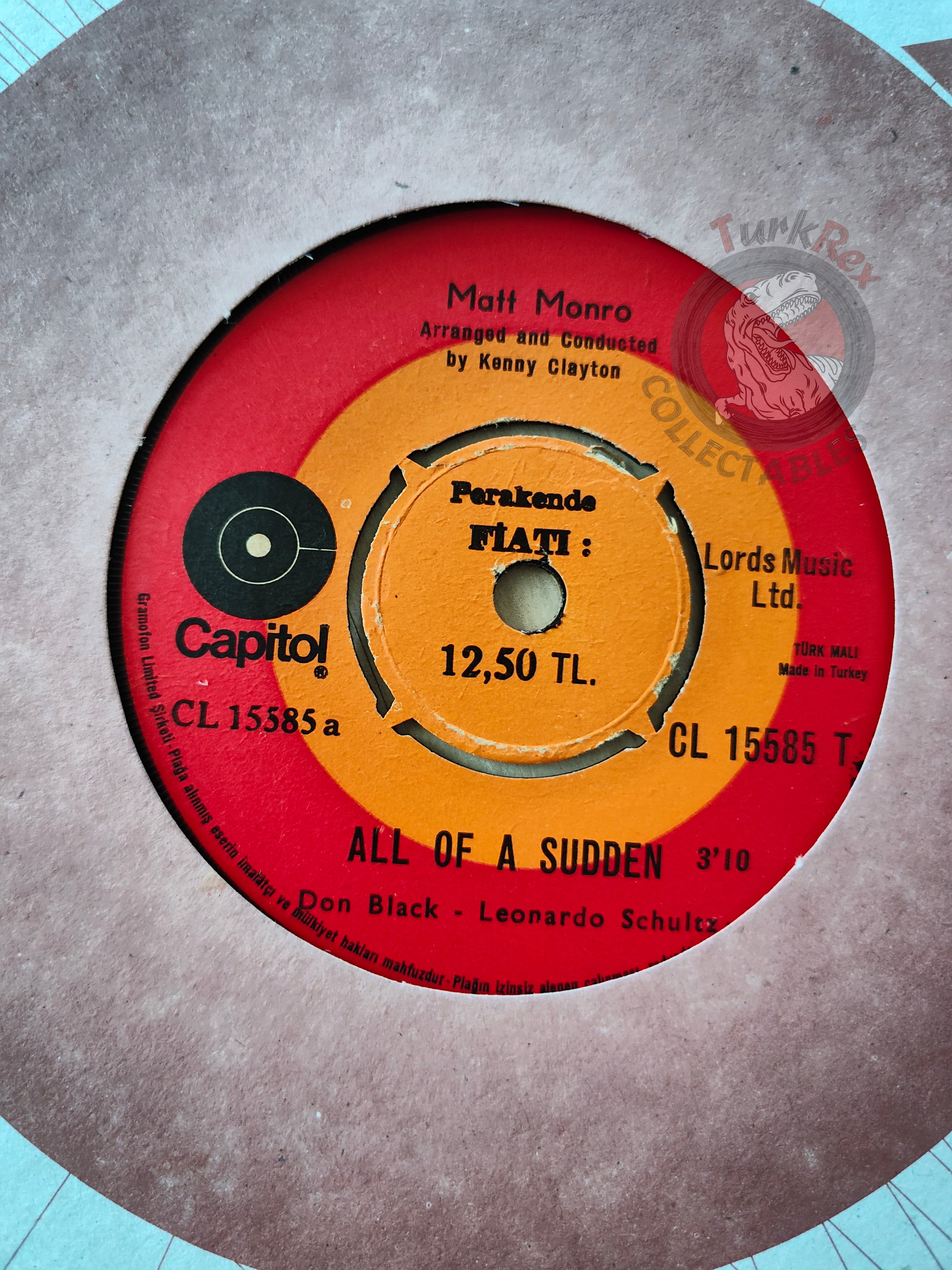 Matt Monro – All Of A Sudden 7" Turkish Pressing Vinyl Turkey Edition