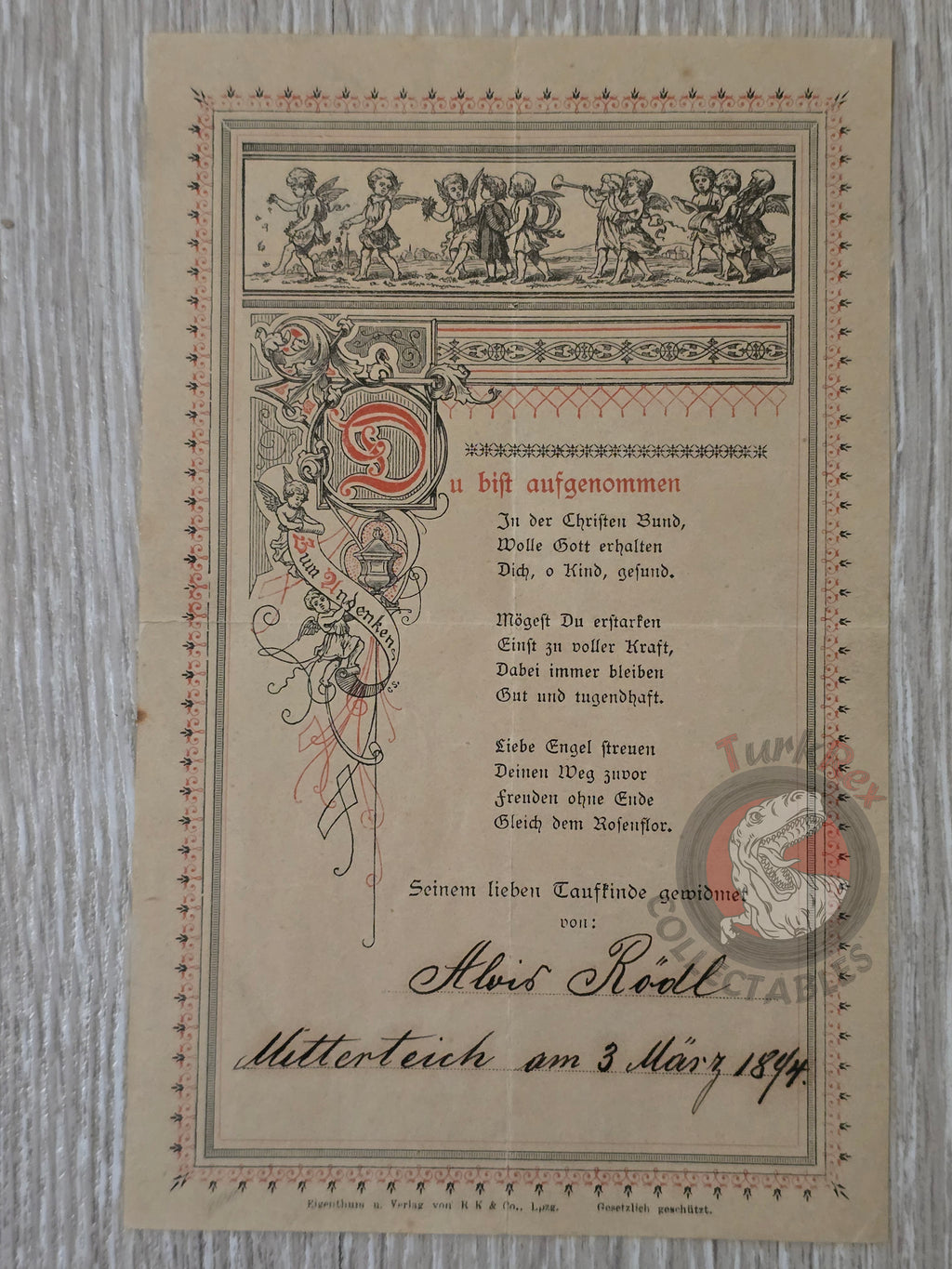 Antique 1894 Baptism Remembrance Memorial of Holy Baptism Bavaria Germany