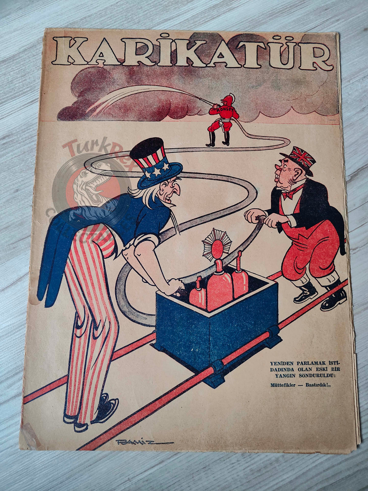 Karikatür 1946 Humor Magazine Turkish Turkey The Allies Have Put Out the Fire! WW2 era Britain Uncle Sam