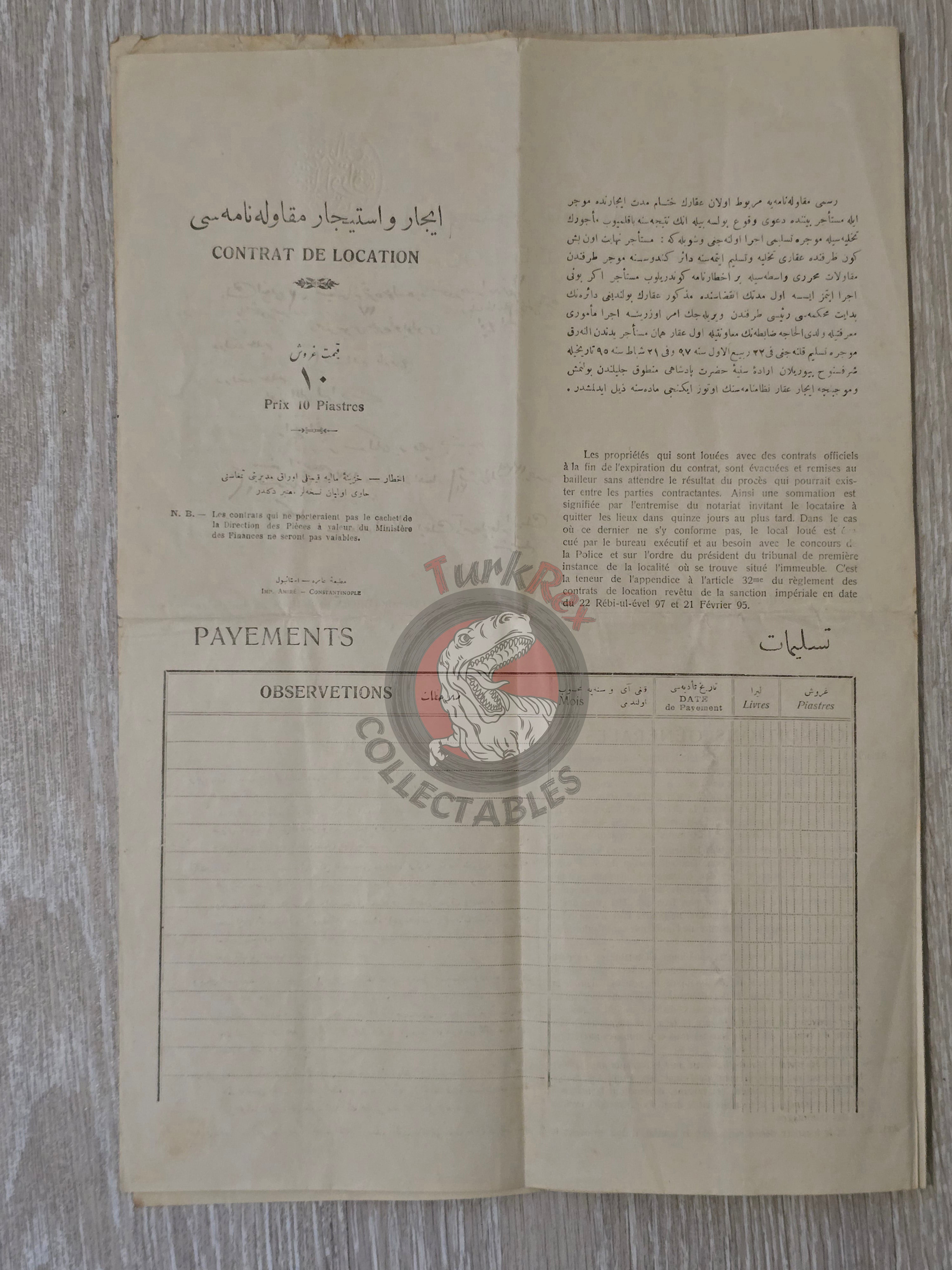 Ottoman Rental Contract of Home İstanbul 1922 Greek and Non-Muslim Citizens