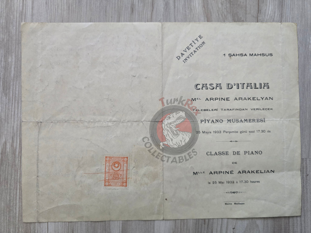 Armenian Pianist Piano Concert Invitation Casa d’Italia 1933 İstanbul Armenia Italy