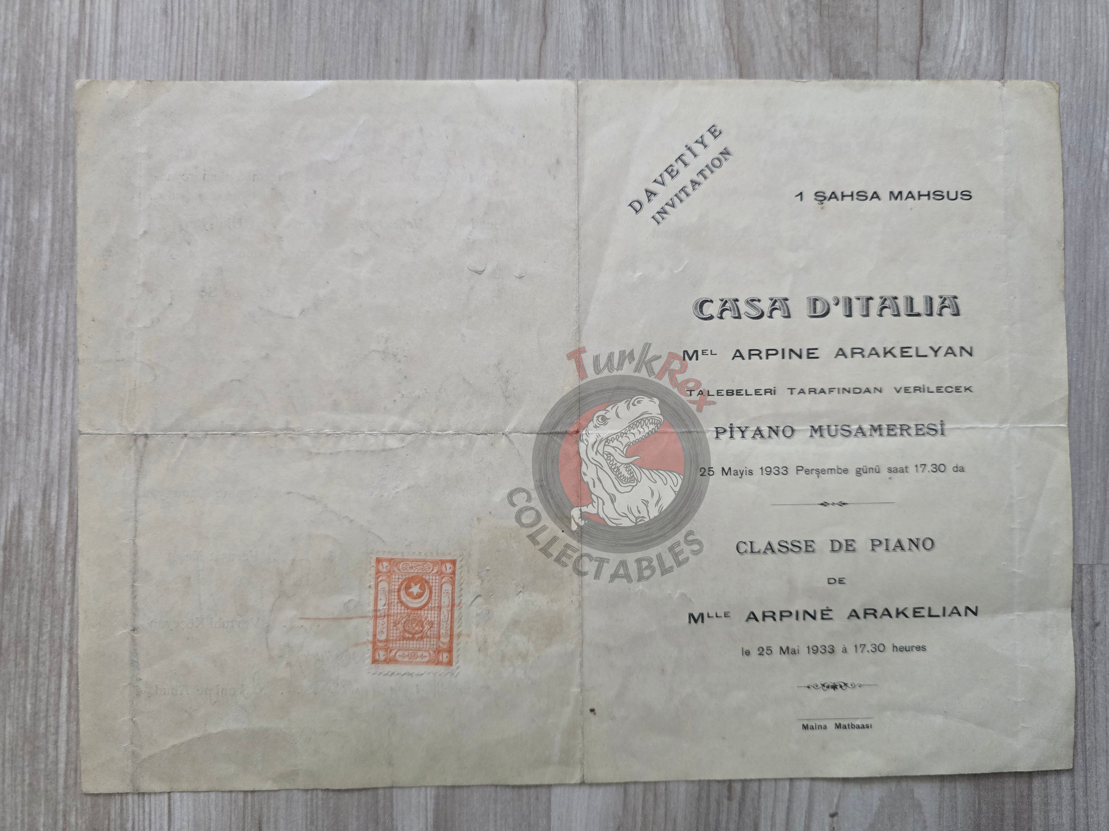 Armenian Pianist Piano Concert Invitation Casa d’Italia 1933 İstanbul Armenia Italy