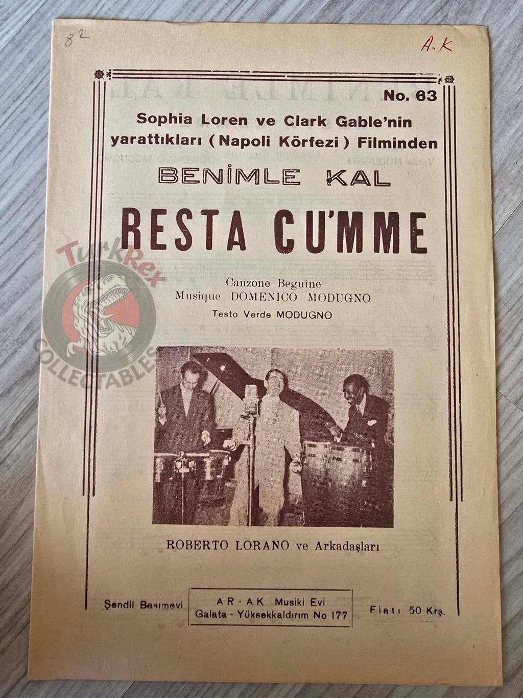 Domenico Modugno – Resta Cu’mme Turkish Vintage Musical Notes Sheet Turkey Sophia Loren
