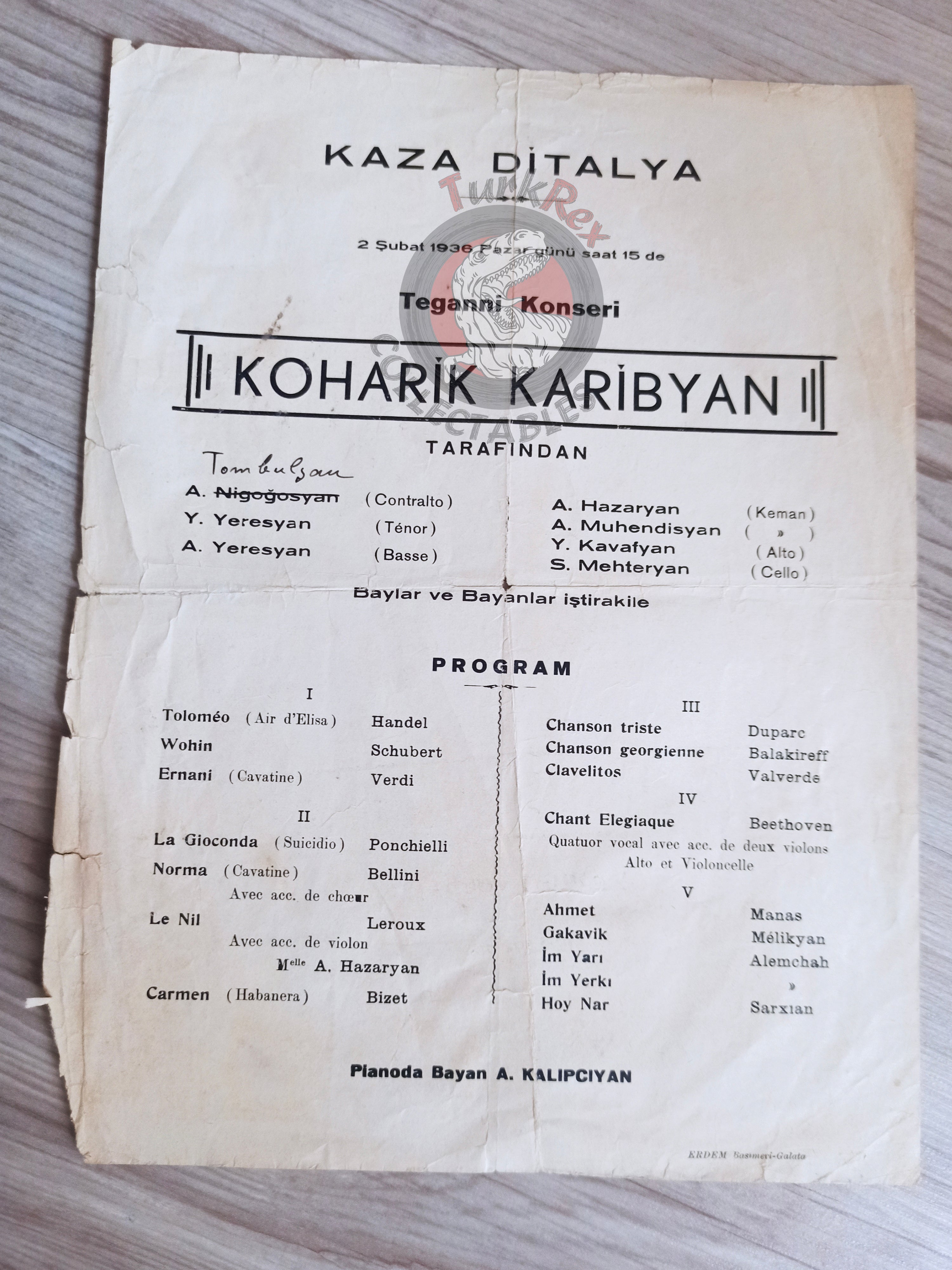 Armenian Musicians 1936 Classical Music Concert Program Casa d’Italia İstanbul Armenia Italy