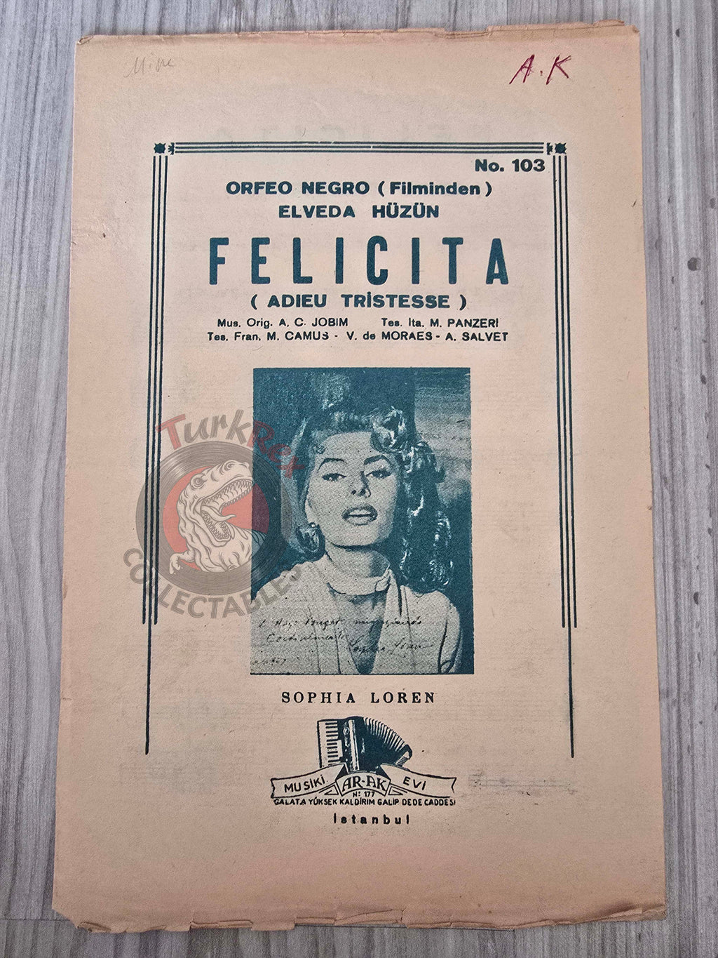 Sophia Loren – Felicità (Adieu Tristesse) Turkish Vintage Musical Notes Sheet Turkey Orfeu Negro