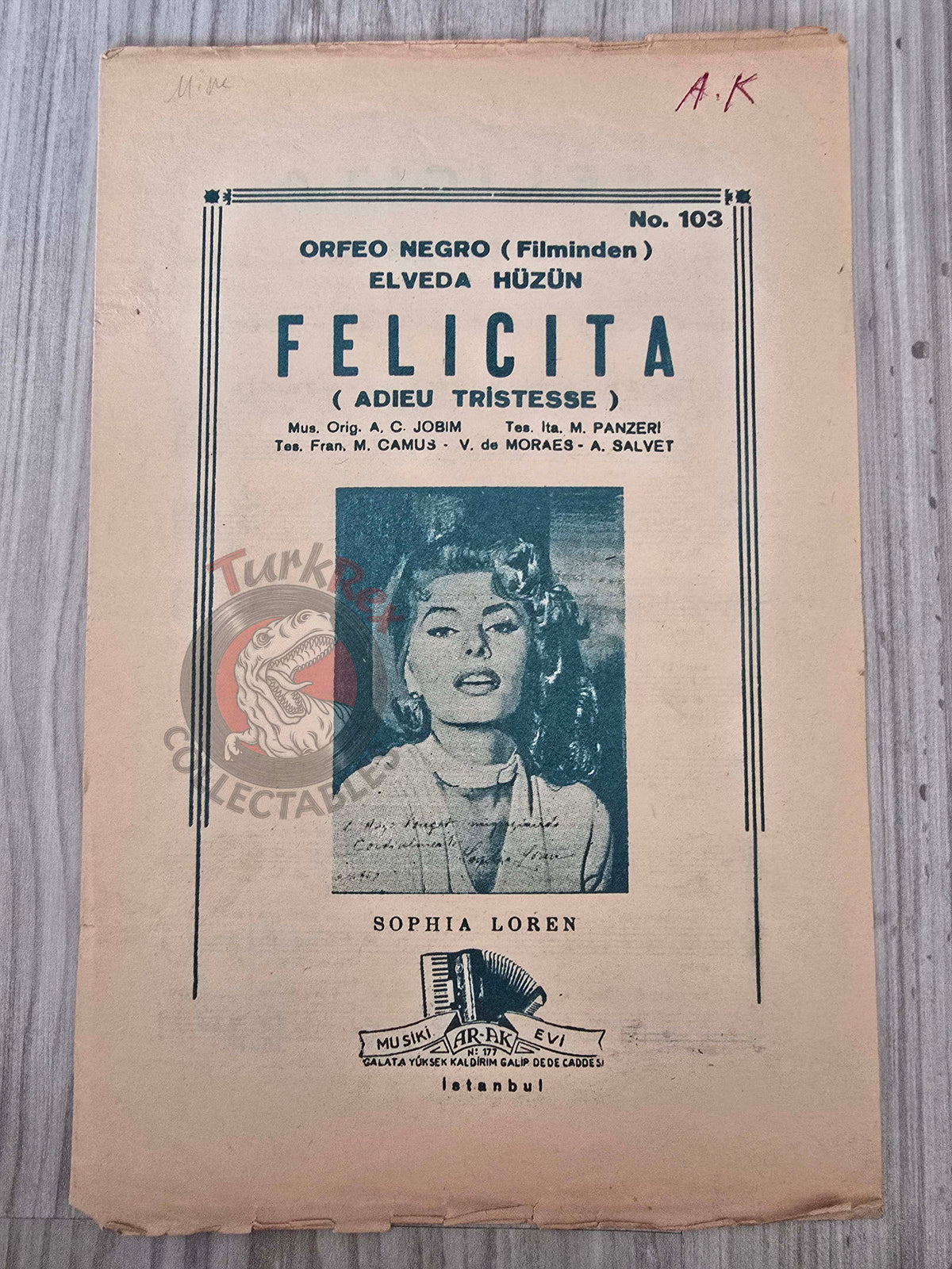 Sophia Loren – Felicità (Adieu Tristesse) Turkish Vintage Musical Notes Sheet Turkey Orfeu Negro