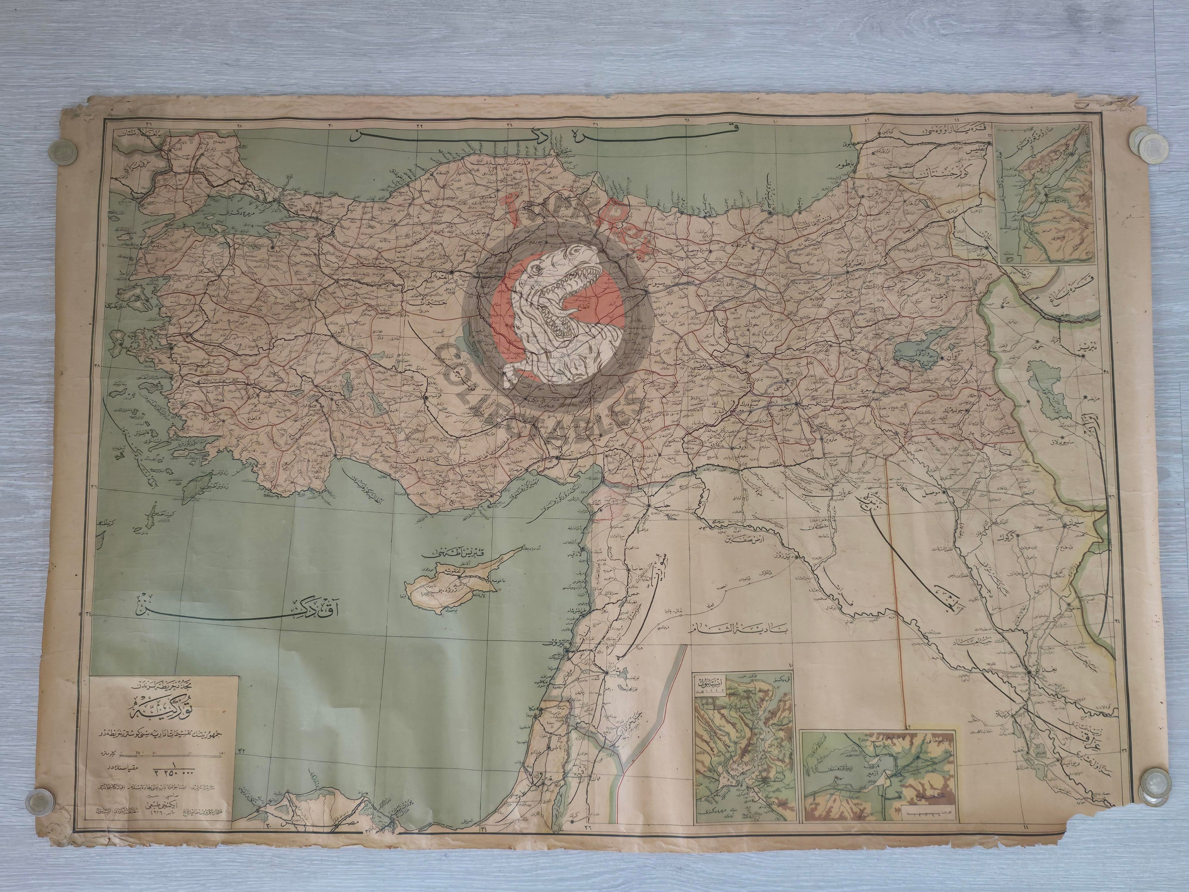 Ottoman 1926 Turkey Middle East Map Israel Palestine Lebanon Jordan Cyprus Iran