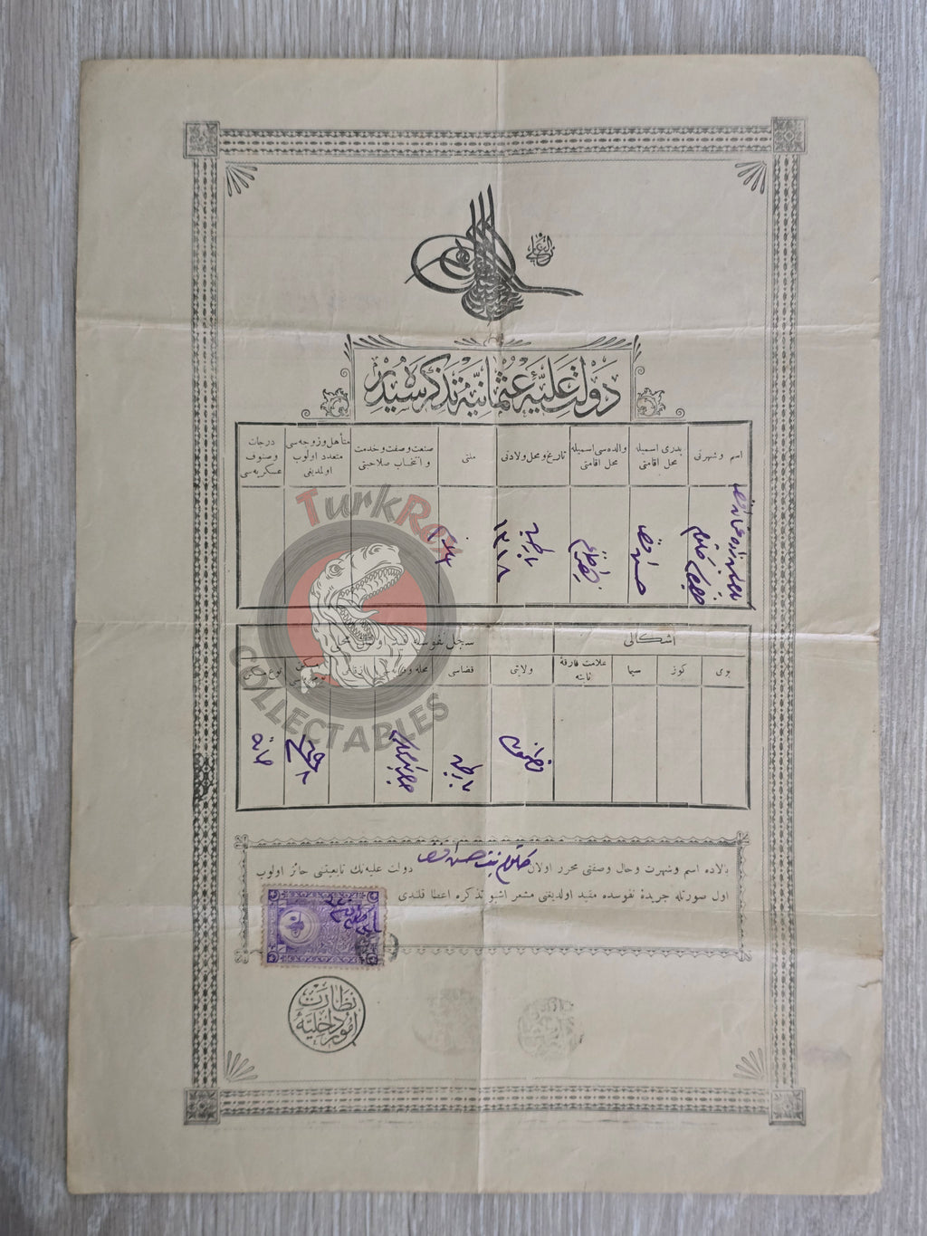 Ottoman Identity Document 1905 Kastamonu Bartın Muslim Female Citizen Gülsüm