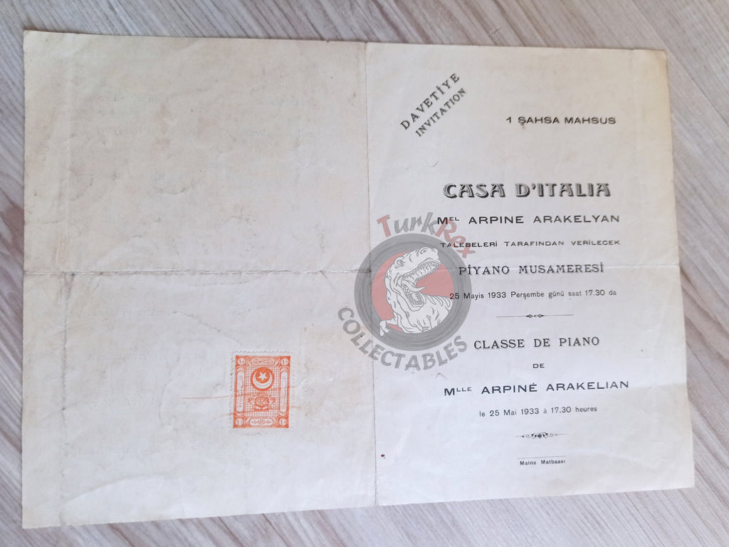 Armenian Pianist Piano Concert Invitation Casa d’Italia 1933 İstanbul Armenia Italy