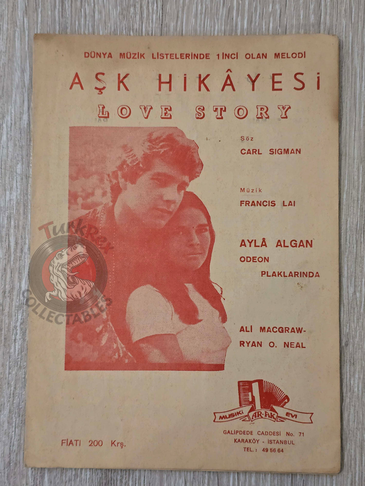 Francis Lai – Love Story OST Turkish Vintage Musical Notes Sheet Turkey