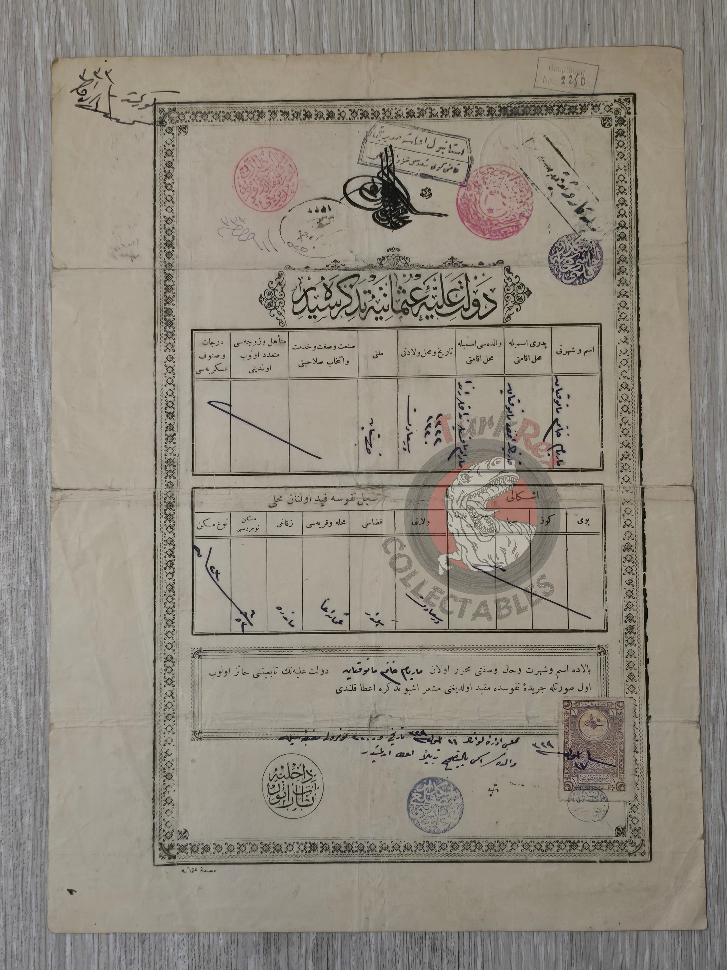 Ottoman Identity Document 1913 İstanbul Armenian Citizen Mariam Manoukian Armenia