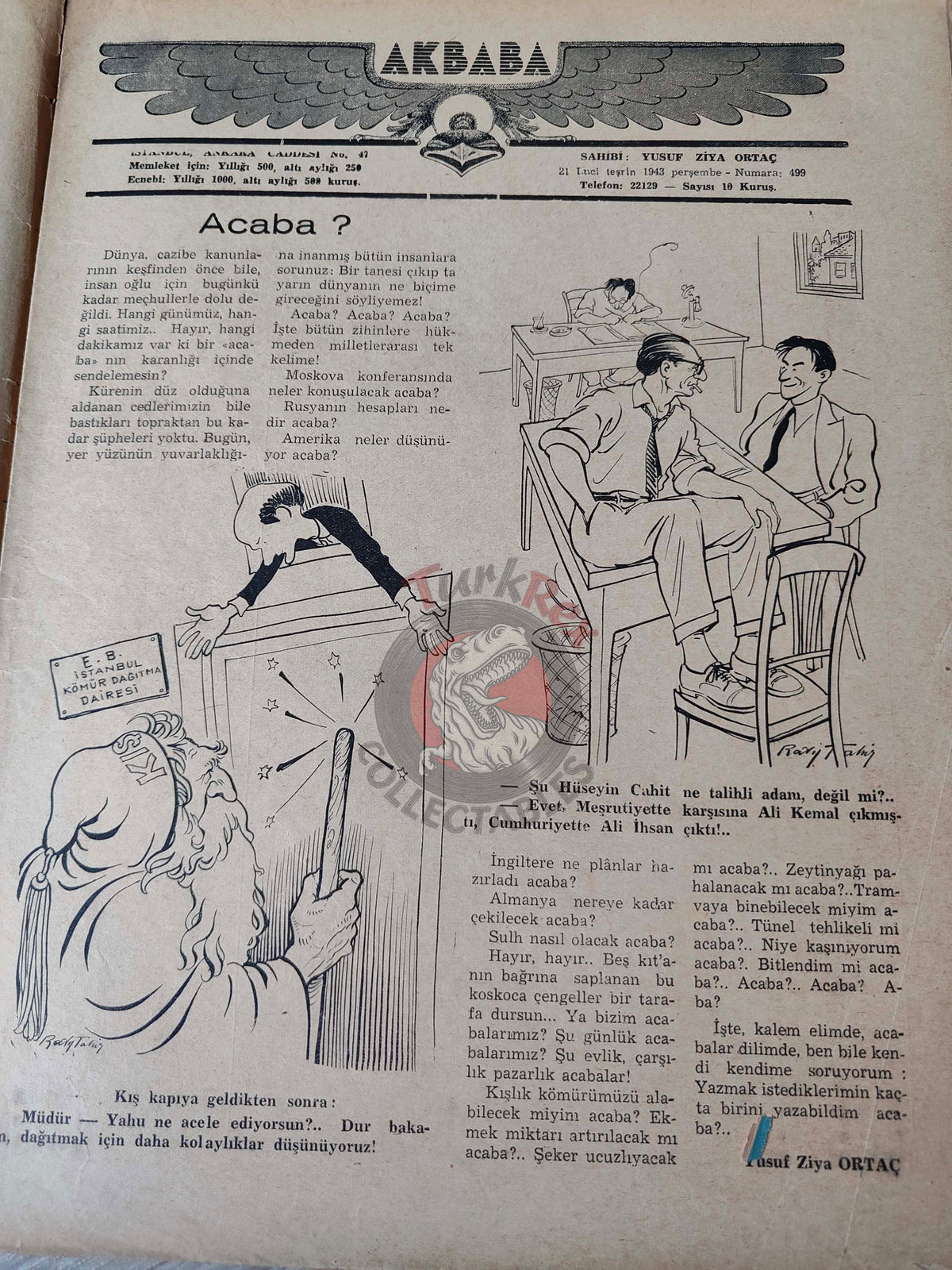Akbaba 1943 Humor Magazine Turkish Turkey Germany Mussolini WW2 era Churchill Franklin D. Roosevelt
