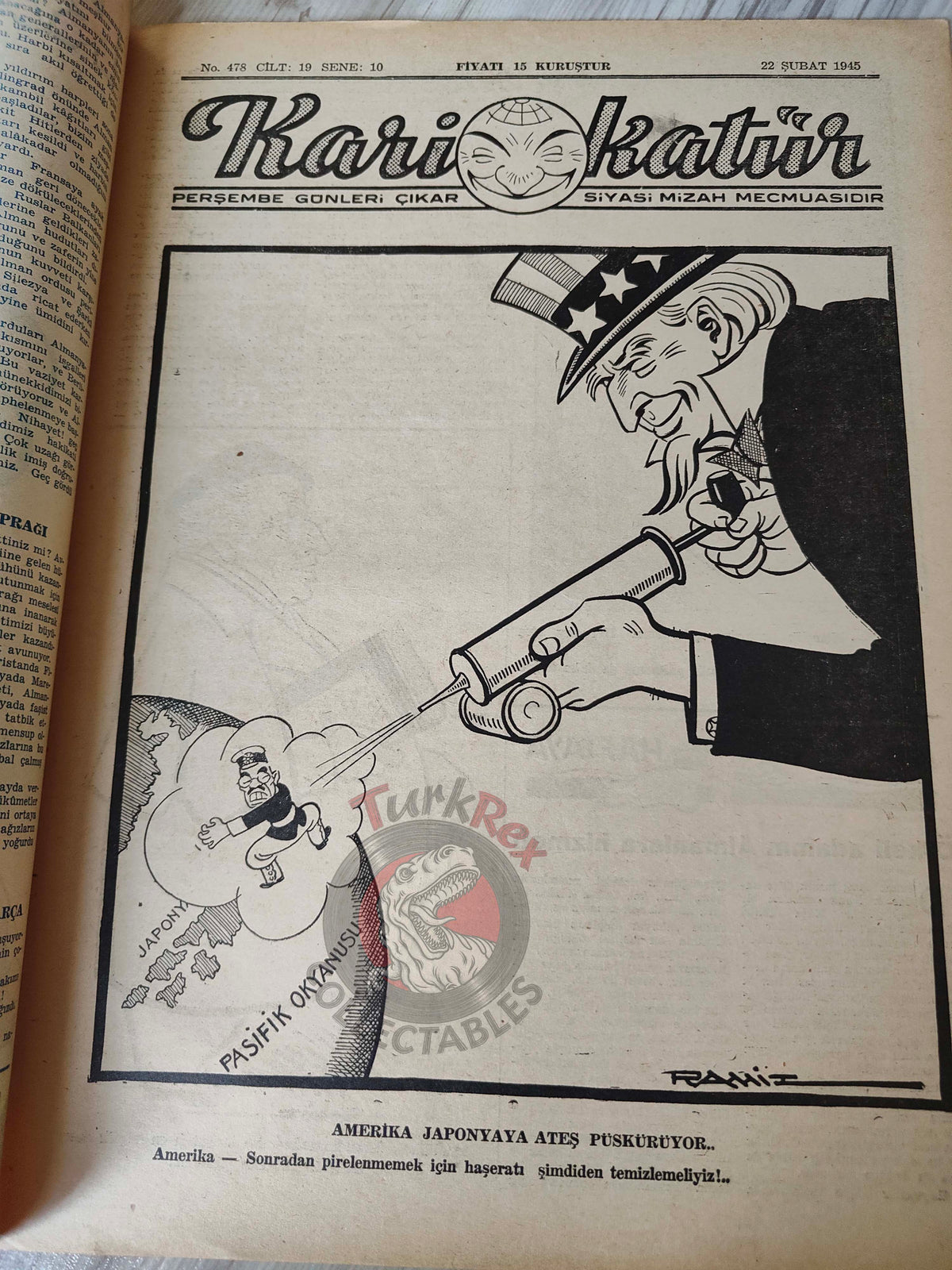 Karikatür 1945 Humor Magazine Turkish Turkey Germany Melts Under Fire WW2 era Japan Uncle Sam