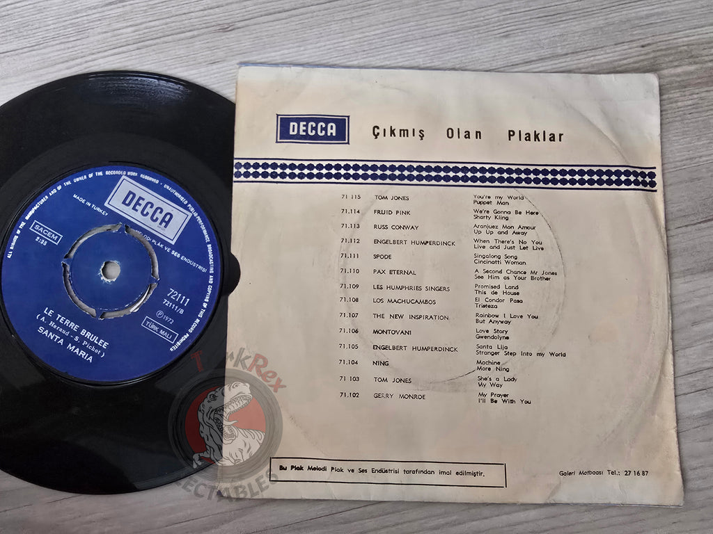 Santa Maria – Je Pleure Sur Un Air De Bach 7" Promo Turkish Pressing Vinyl Turkey Edition