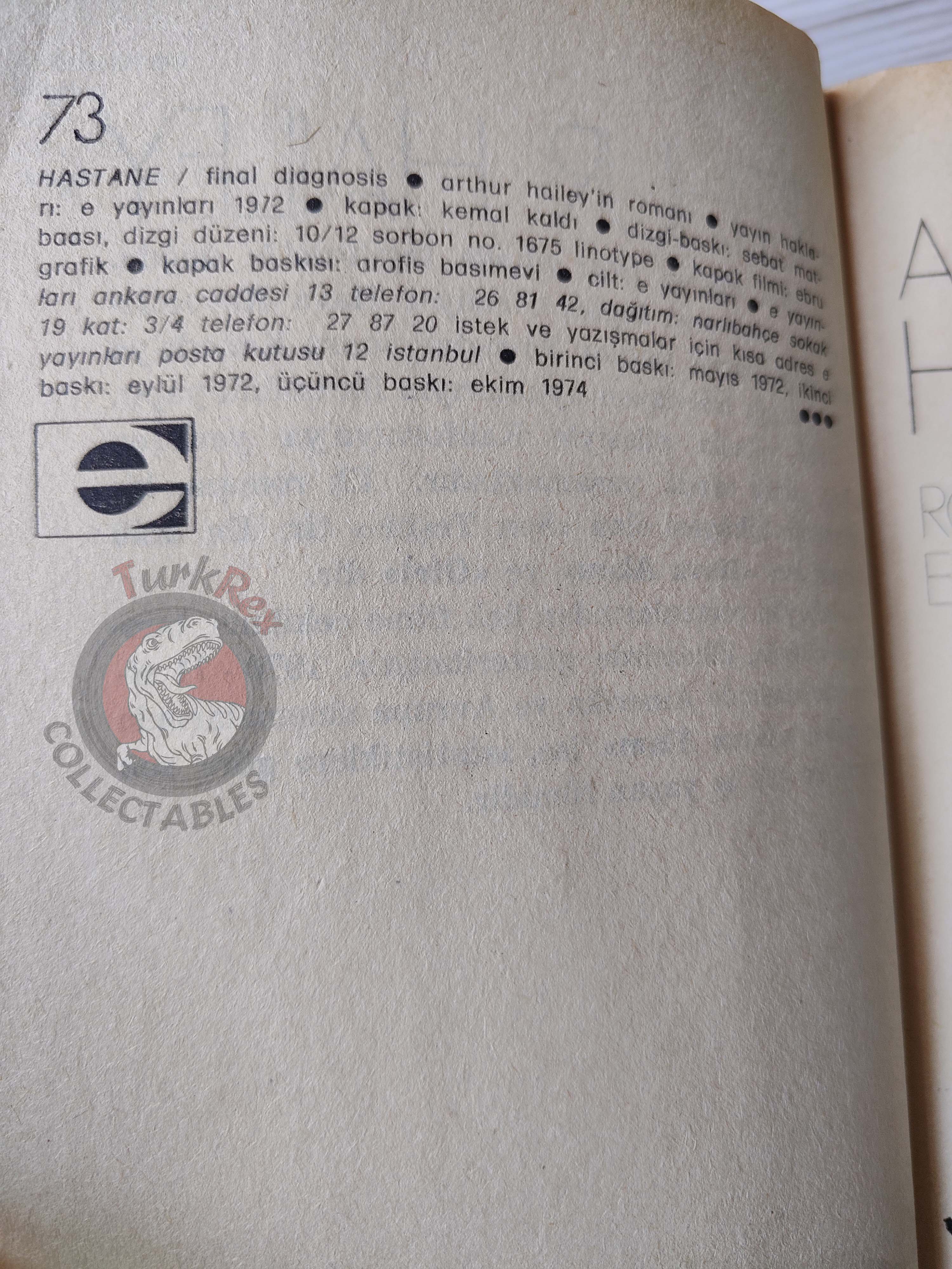 Arthur Hailey – Final Diagnosis  1974 Turkish Book Turkey