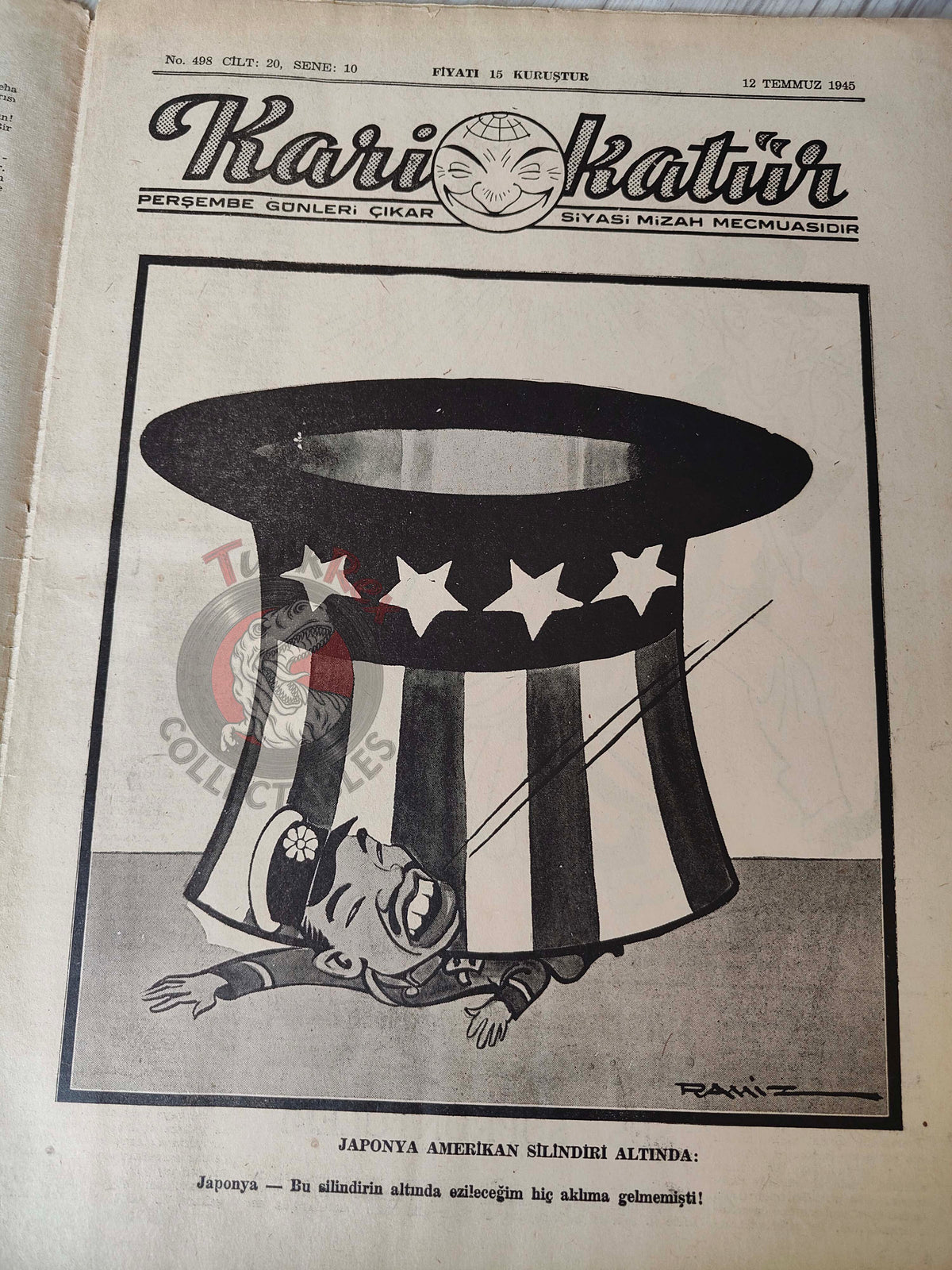 Karikatür 1945 Humor Magazine Turkish Turkey Today’s Peace WW2 era Japan Uncle Sam