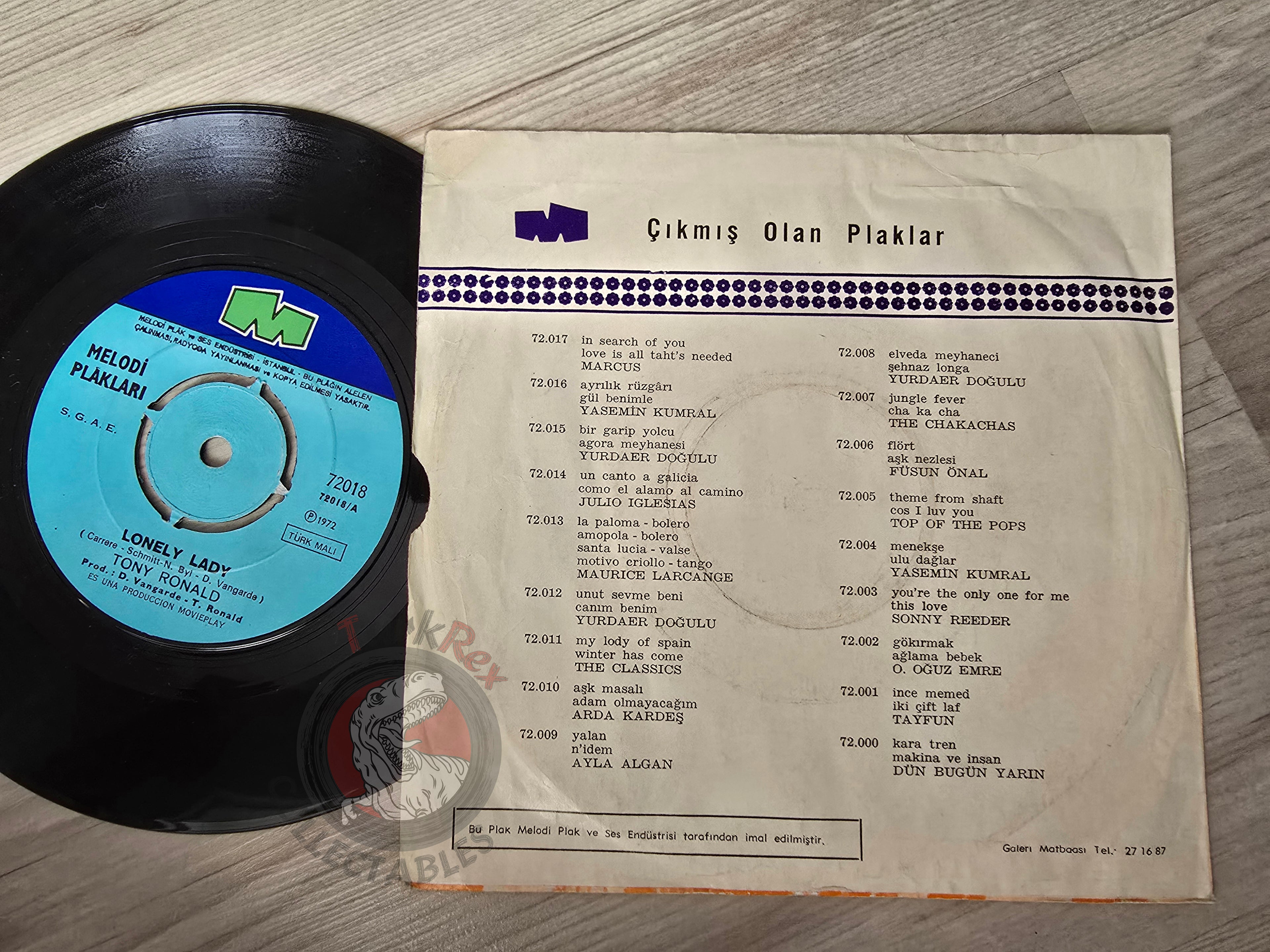 Tony Ronald – Lonely Lady 7" Turkish Pressing Vinyl Turkey Edition