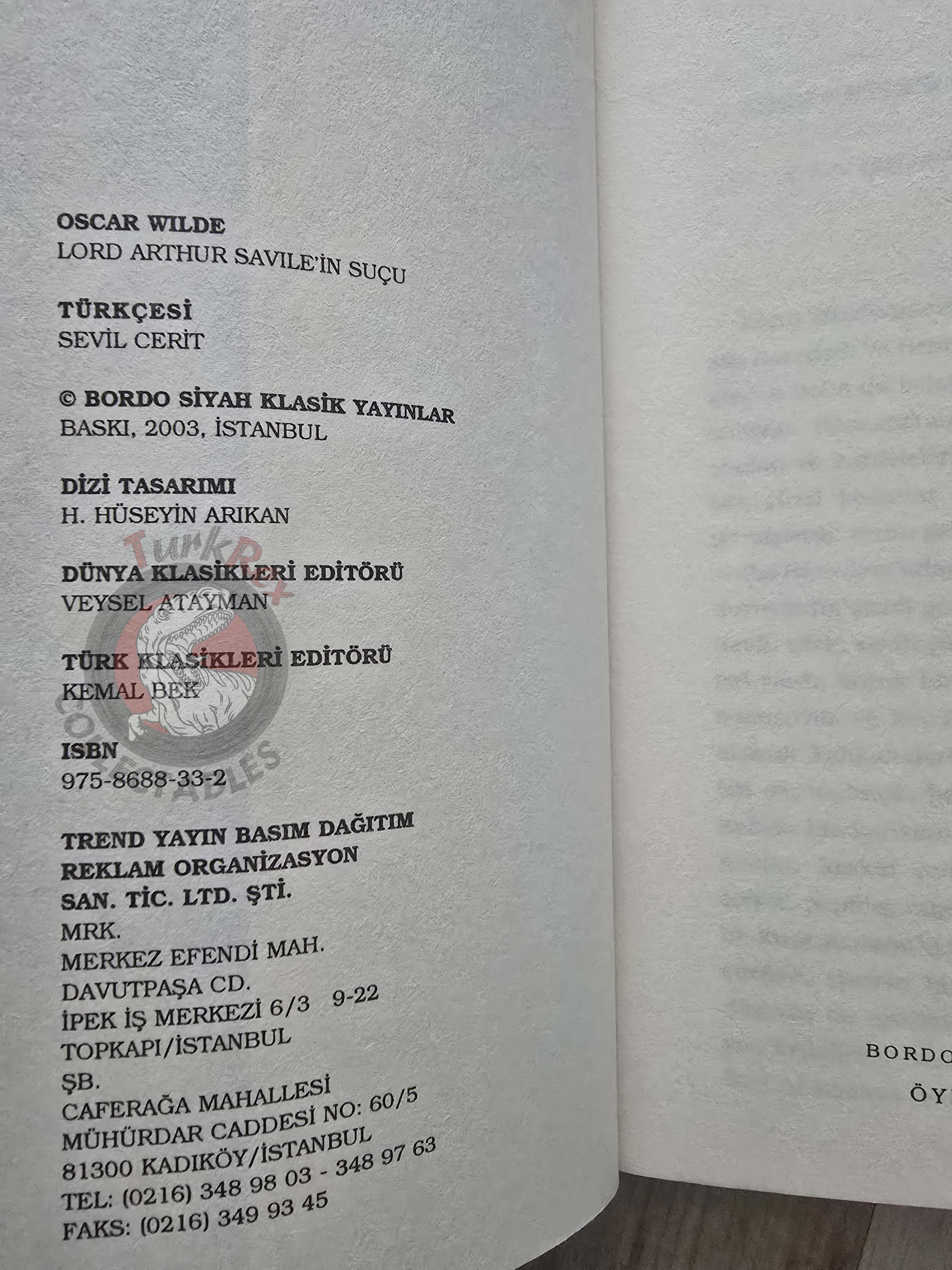 Oscar Wilde – Lord Arthur Savile’s Crime 12003 Turkish Book Turkey