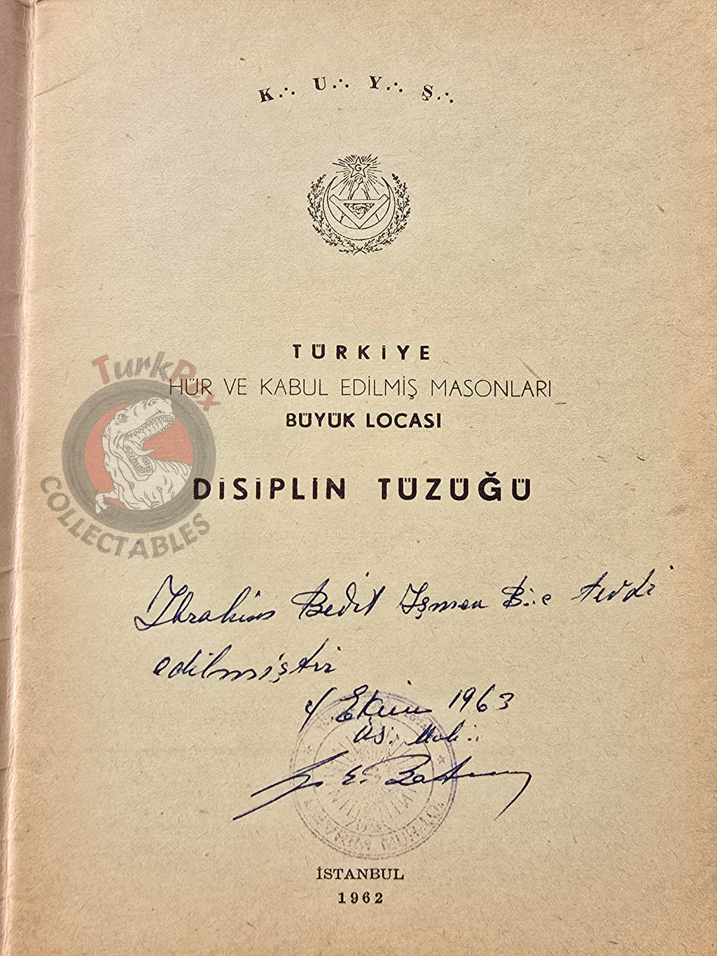 Turkish Freemasonry Disciplinary Code 1962 Booklet Masonic Masons of Turkey Signed