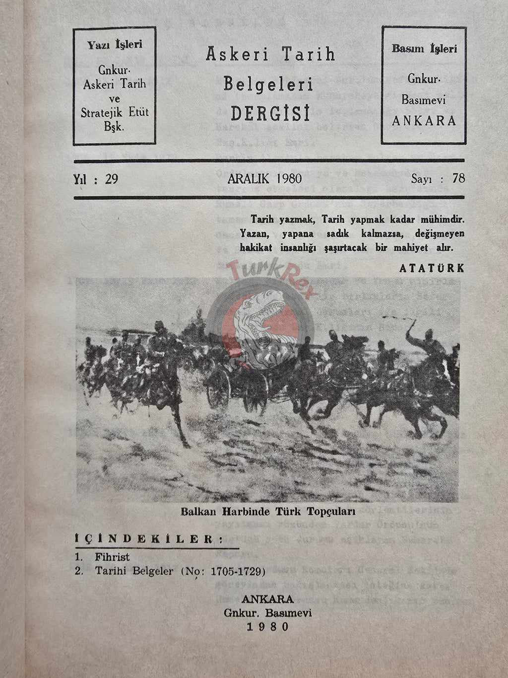 Military History Documents Journal 1980 Turkish Book Turkey Balkan Wars Ottoman Military