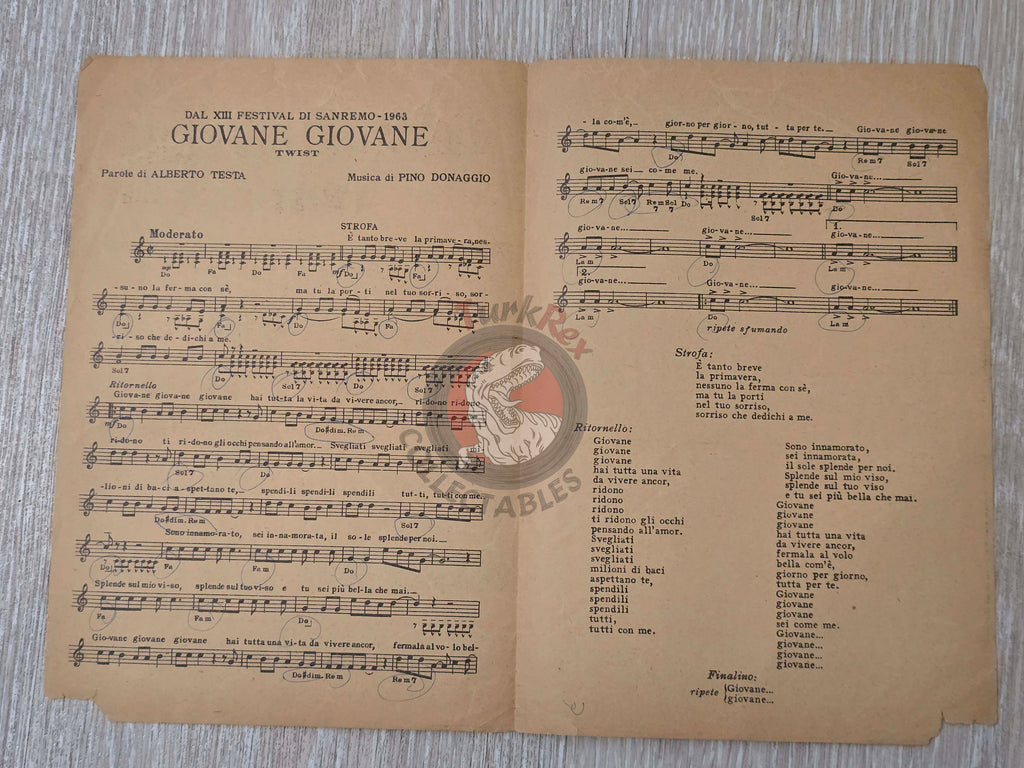 Cocki Mazzetti – Giovane Giovane Turkish Vintage Musical Notes Sheet Turkey Sanremo