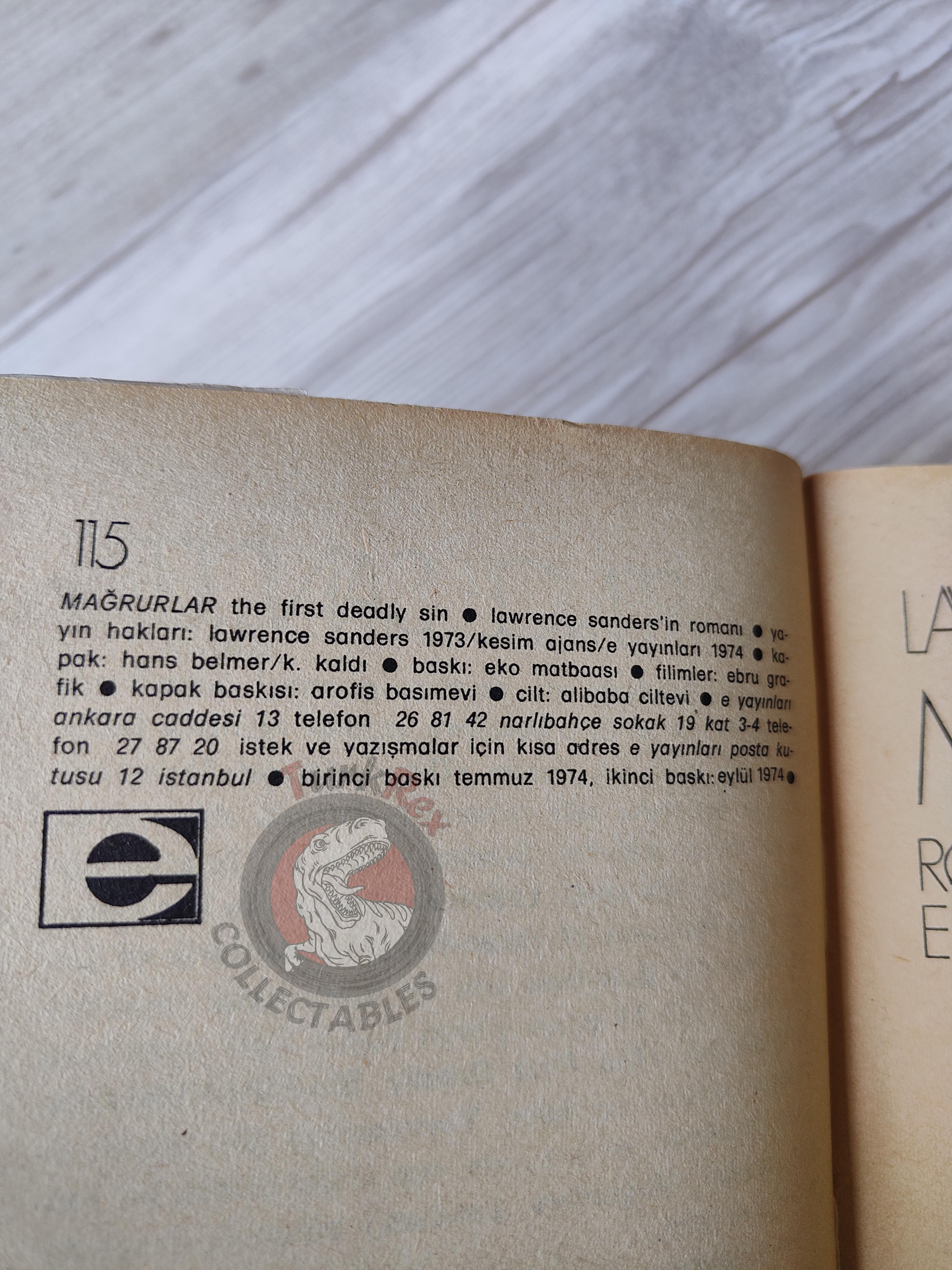 Lawrence Sanders – The First Deadly Sin 1974 Turkish Book Turkey