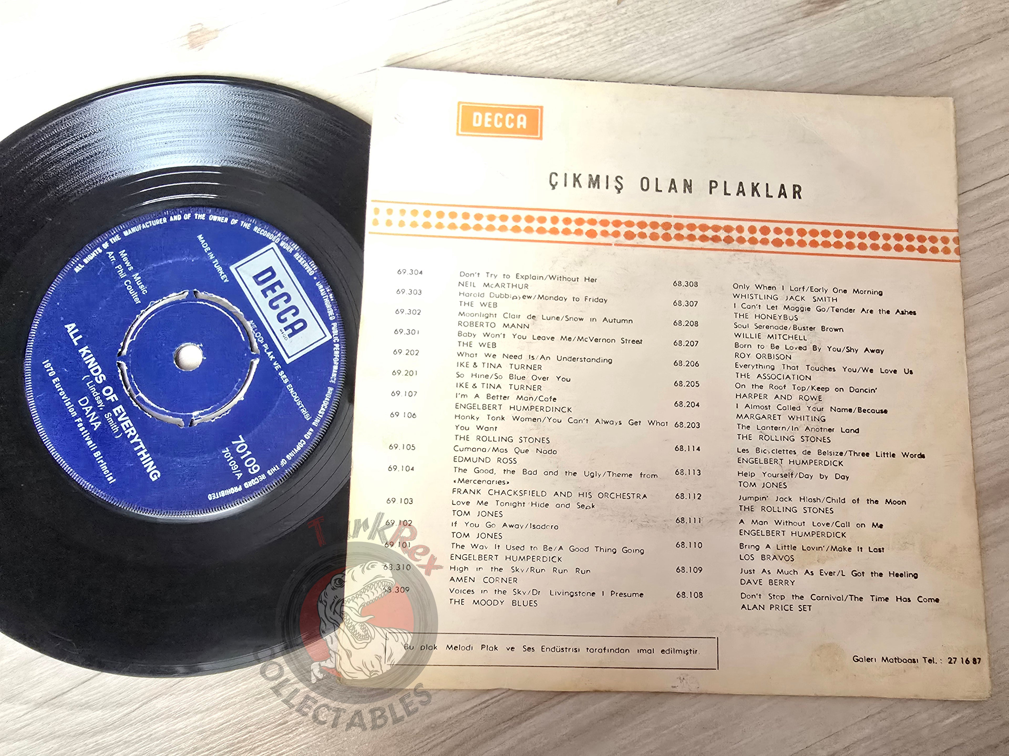 Dana – All Kinds Of Everything 7" Turkish Pressing Vinyl Turkey Edition Eurovision