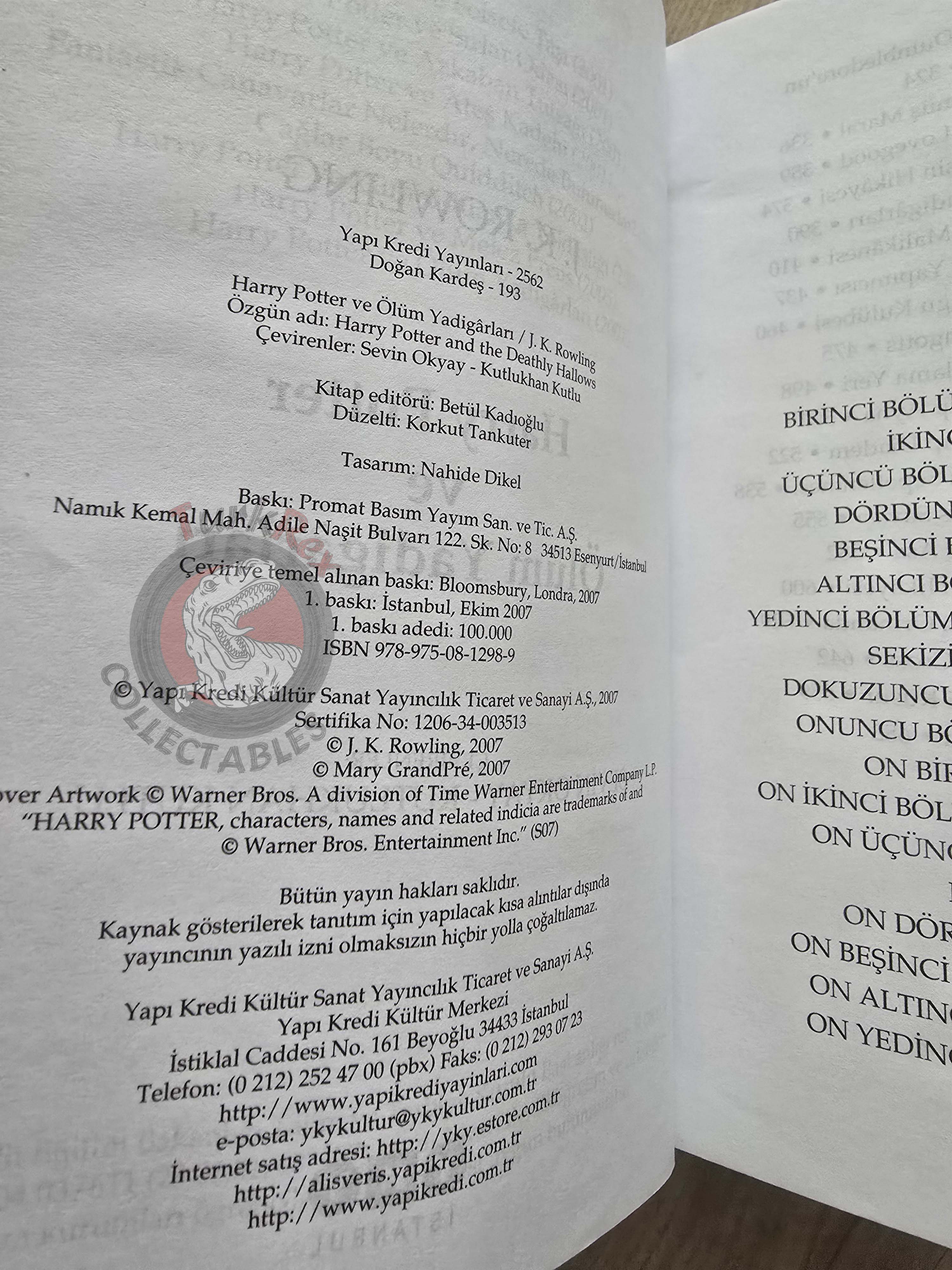 J.K. Rowling – Harry Potter and the Deathly Hallows 2007 1st Turkish Book Turkey