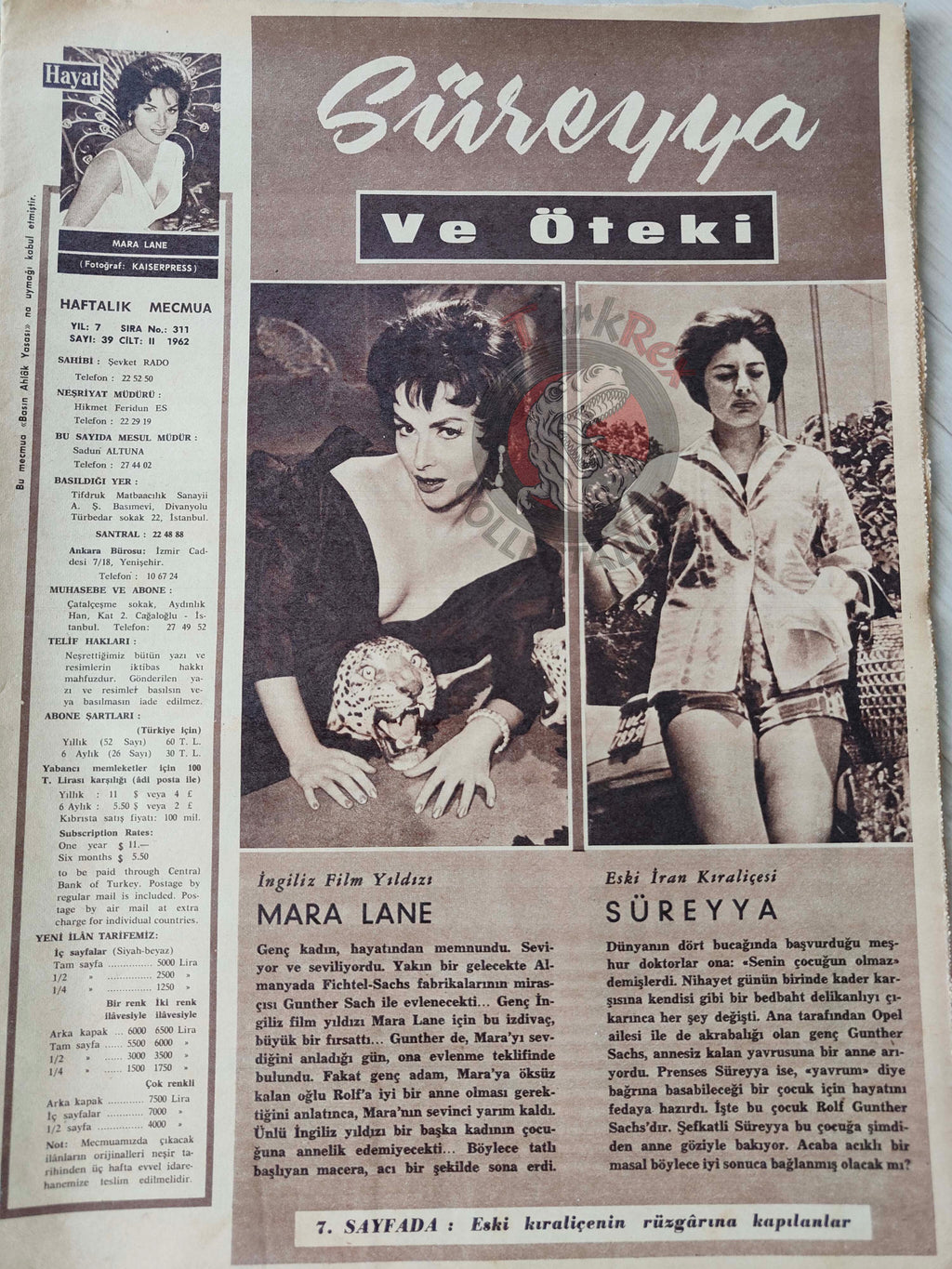 Hayat 1962 Mara Lane Turkish Mag Turkey Iran Soraya Esfandiary-Bakhtiary Maurice Chevalier