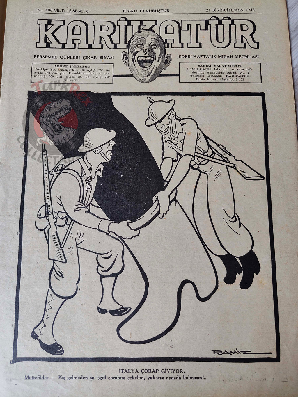 Karikatür 1943 Humor Magazine Turkish Turkey Japan Pacific United States WW2 era Italy Germany Uncle Sam