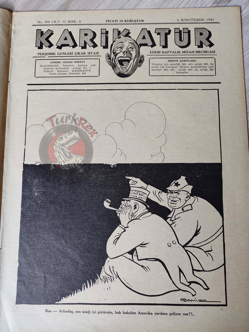 Karikatür 1941 Humor Magazine Turkish Turkey Uncle Sam USA WW2 era Soviet Russia Britain Japan