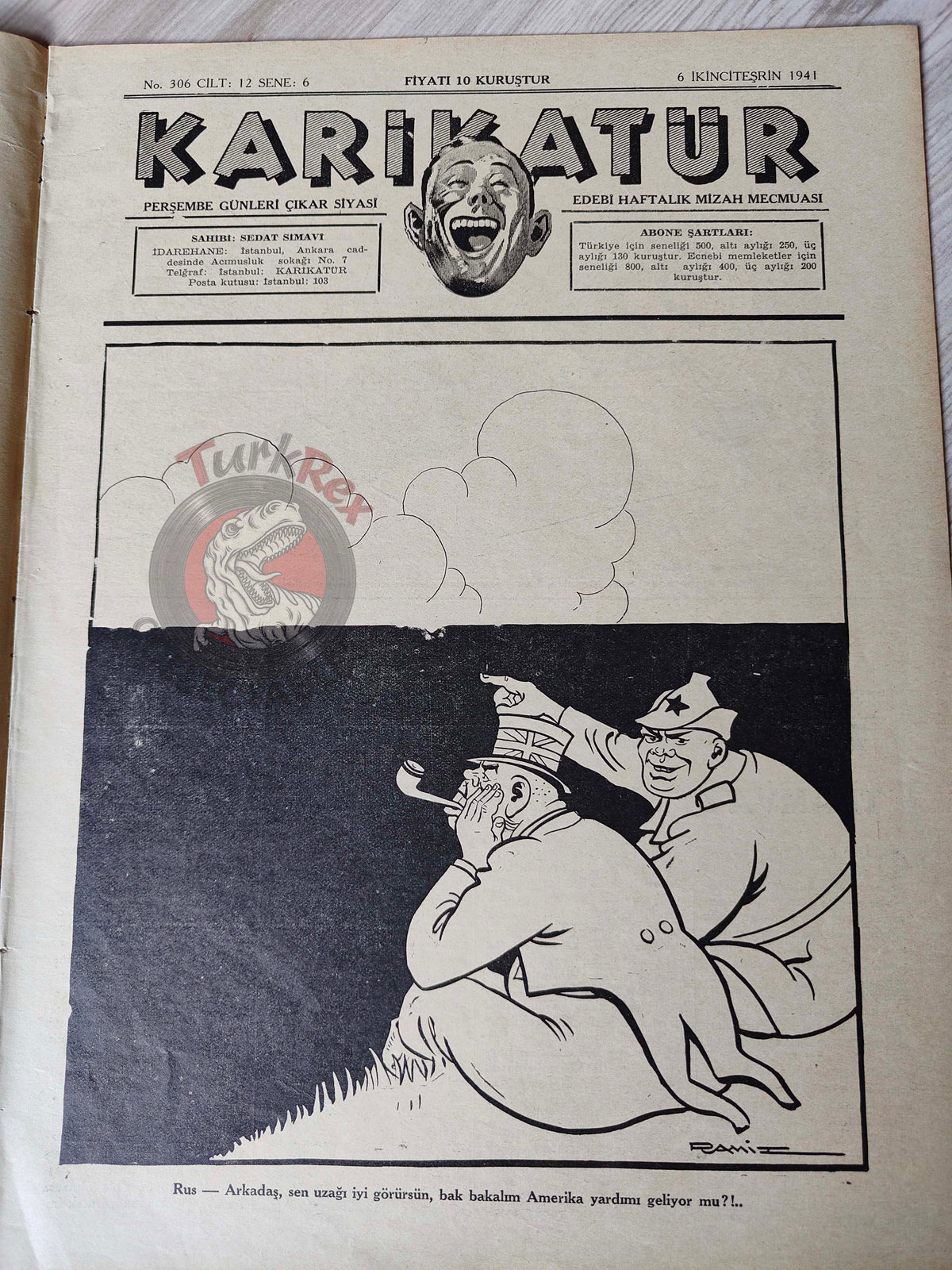 Karikatür 1941 Humor Magazine Turkish Turkey Uncle Sam USA WW2 era Soviet Russia Britain Japan
