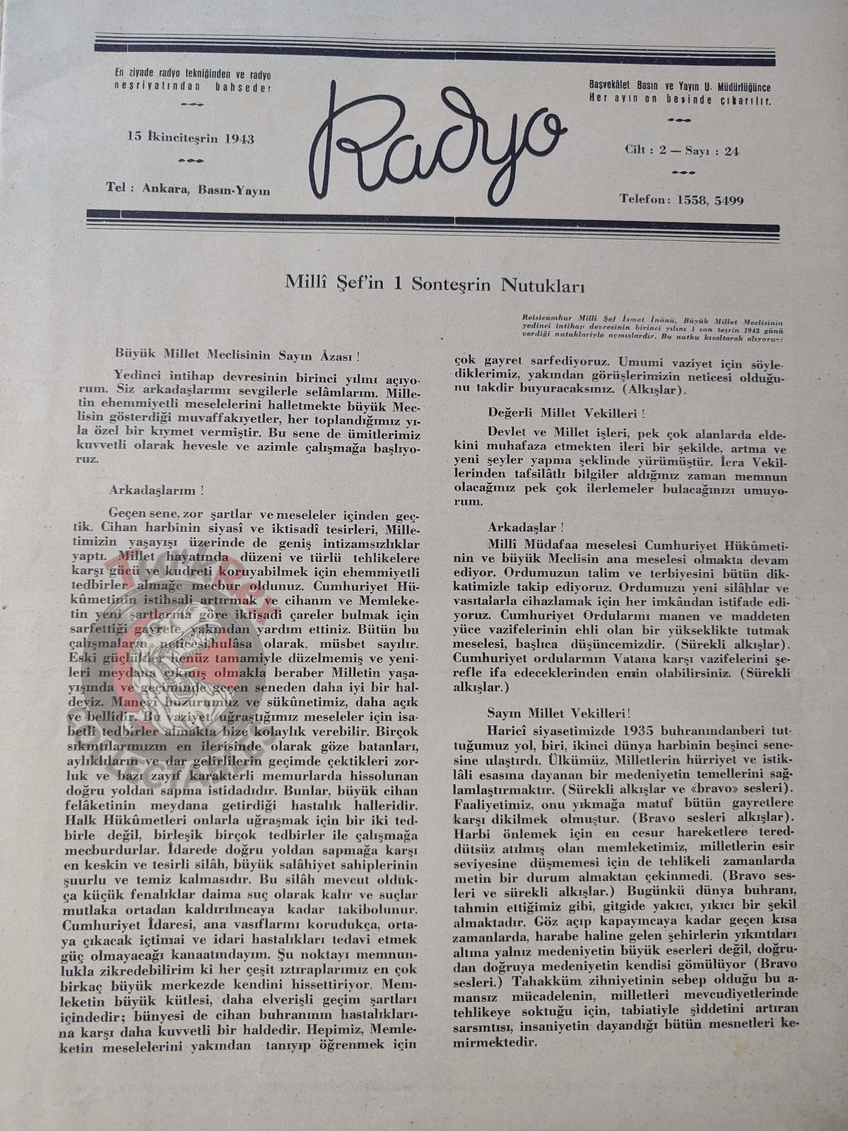 Radyo 1943 İsmet İnönü The 20th Anniversary of the Republic of Turkey Turkish Magazine WW2 World War Two