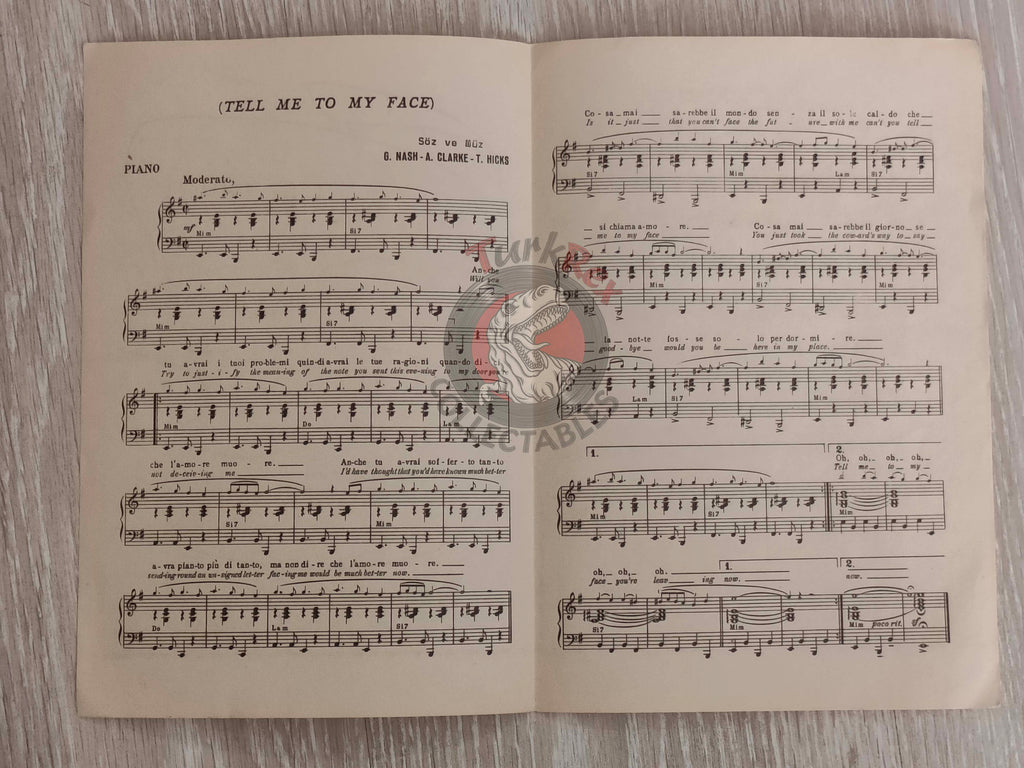 The Hollies – Tell Me to My Face Turkish Vintage Musical Notes Sheet Turkey