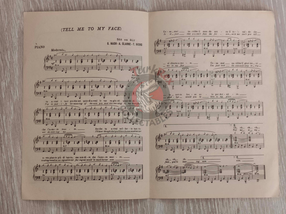 The Hollies – Tell Me to My Face Turkish Vintage Musical Notes Sheet Turkey