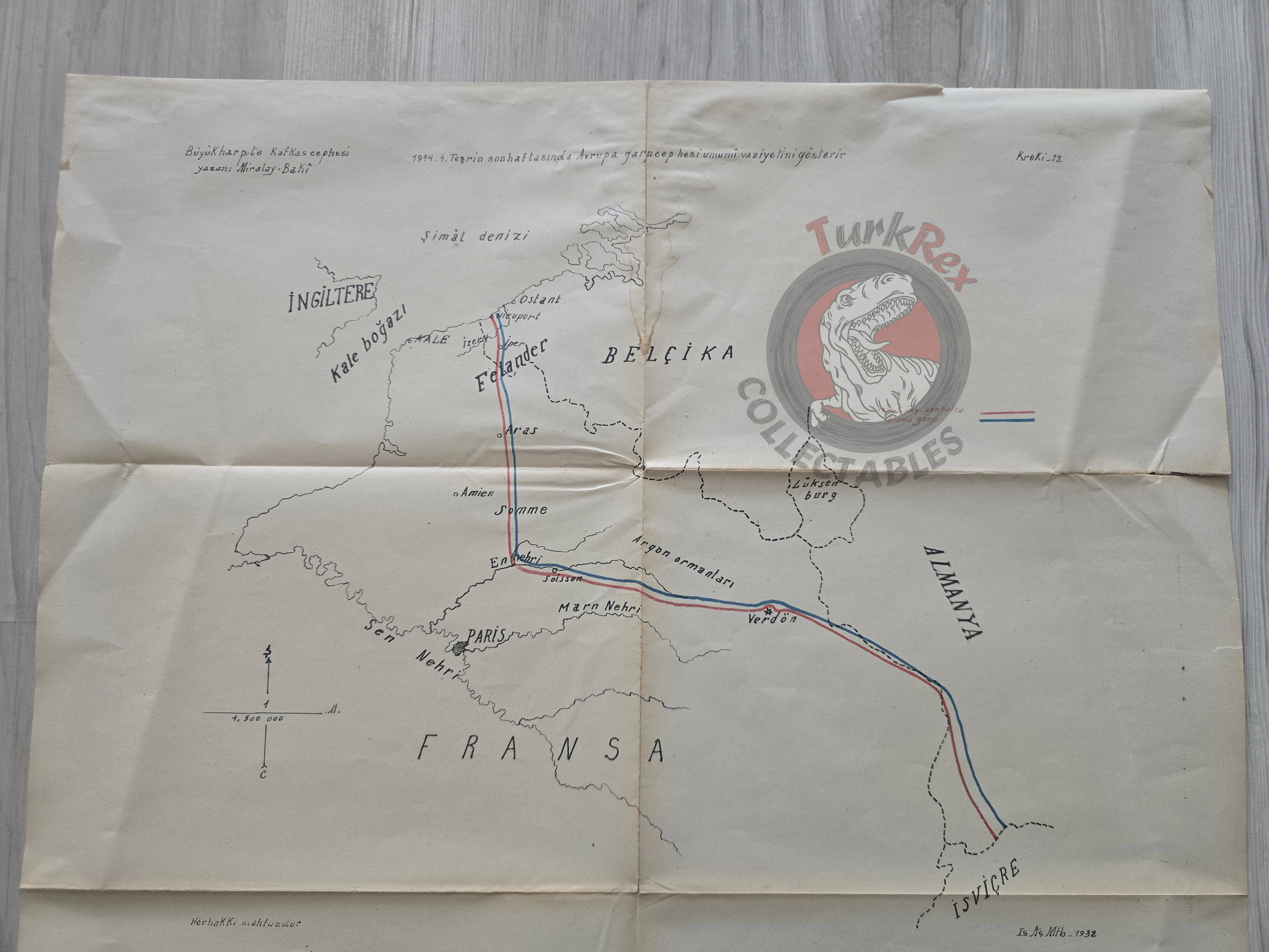 WW1 Western Front 1914 Turkish Military Map 1932 Germany France Belgium