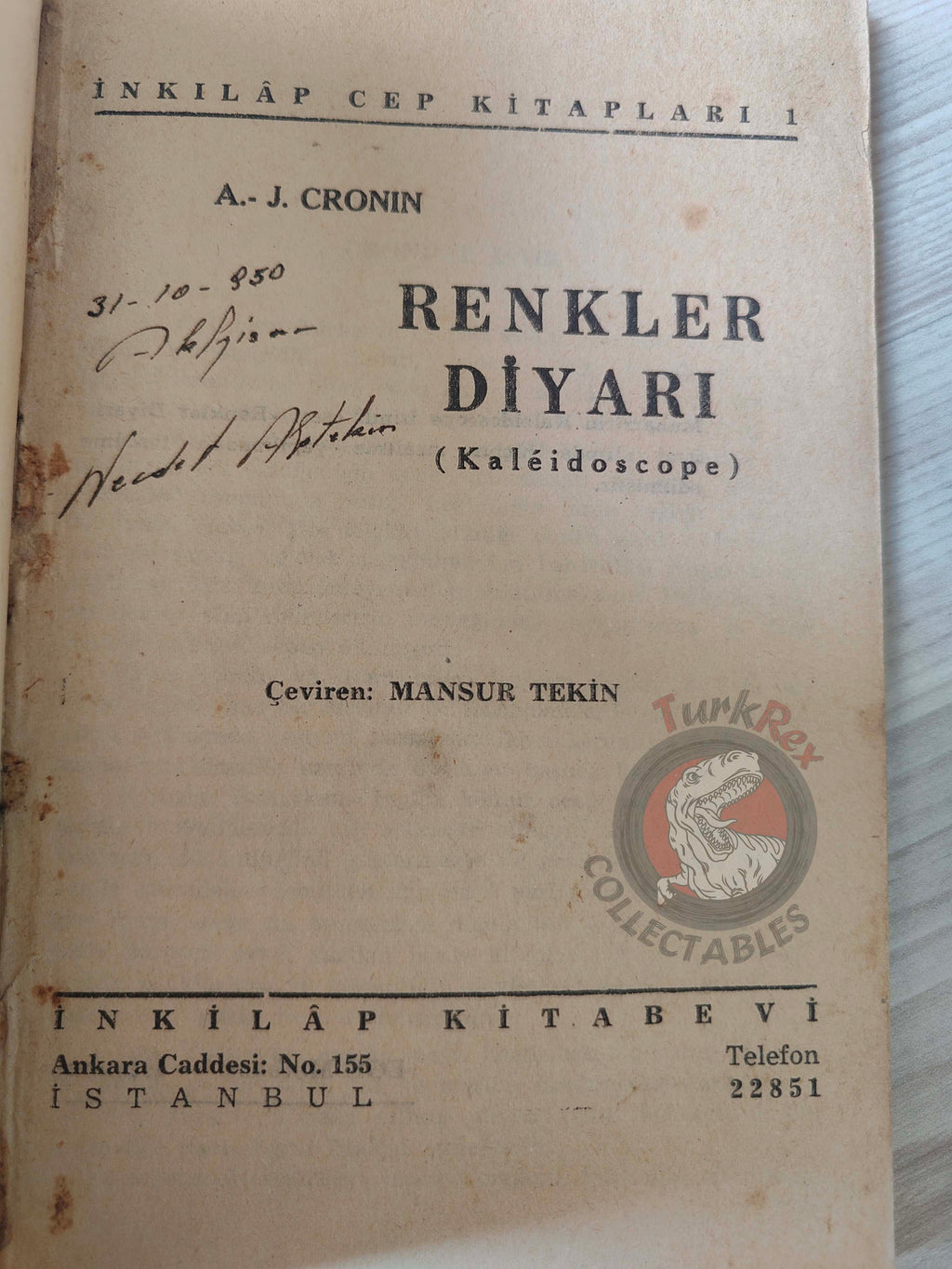 A. J. Cronin – Kaleidoscope in K 1940s 1st Turkish Book Turkey