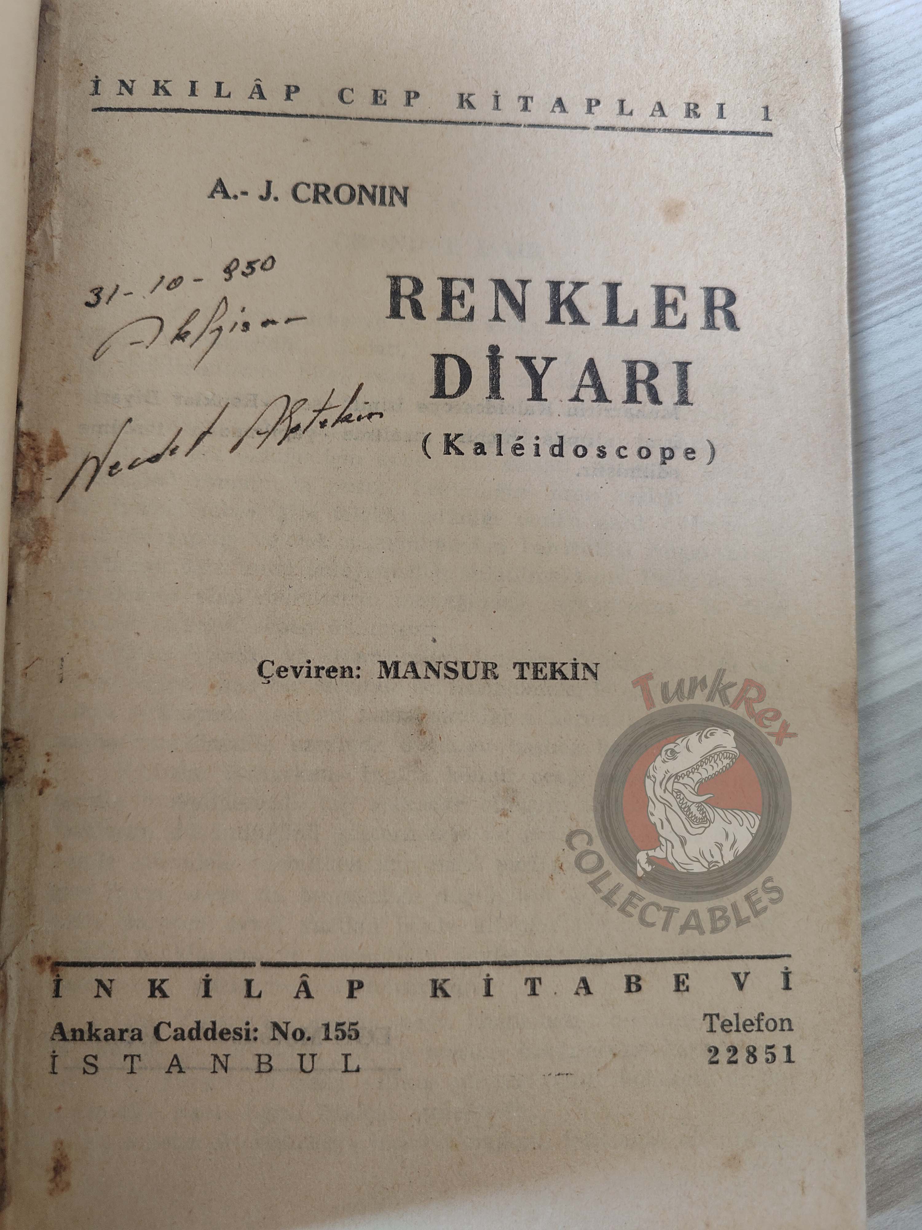 A. J. Cronin – Kaleidoscope in K 1940s 1st Turkish Book Turkey