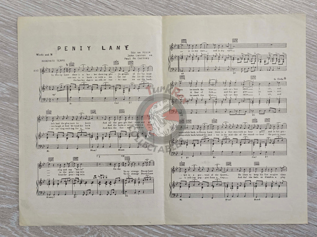 The Beatles – Penny Lane Turkish Vintage Musical Notes Sheet Turkey