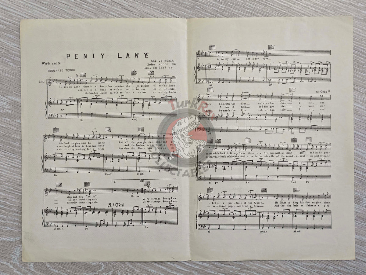 The Beatles – Penny Lane Turkish Vintage Musical Notes Sheet Turkey