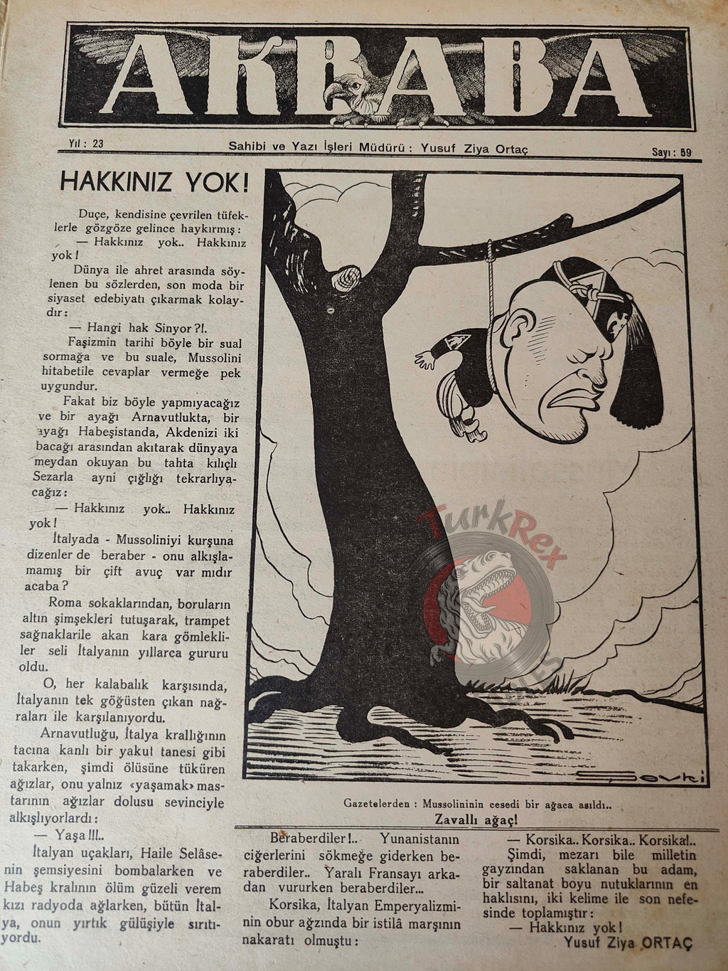 Akbaba 1945 Humor Magazine Turkish Turkey Germany Peace WW2 era Benito Mussolini