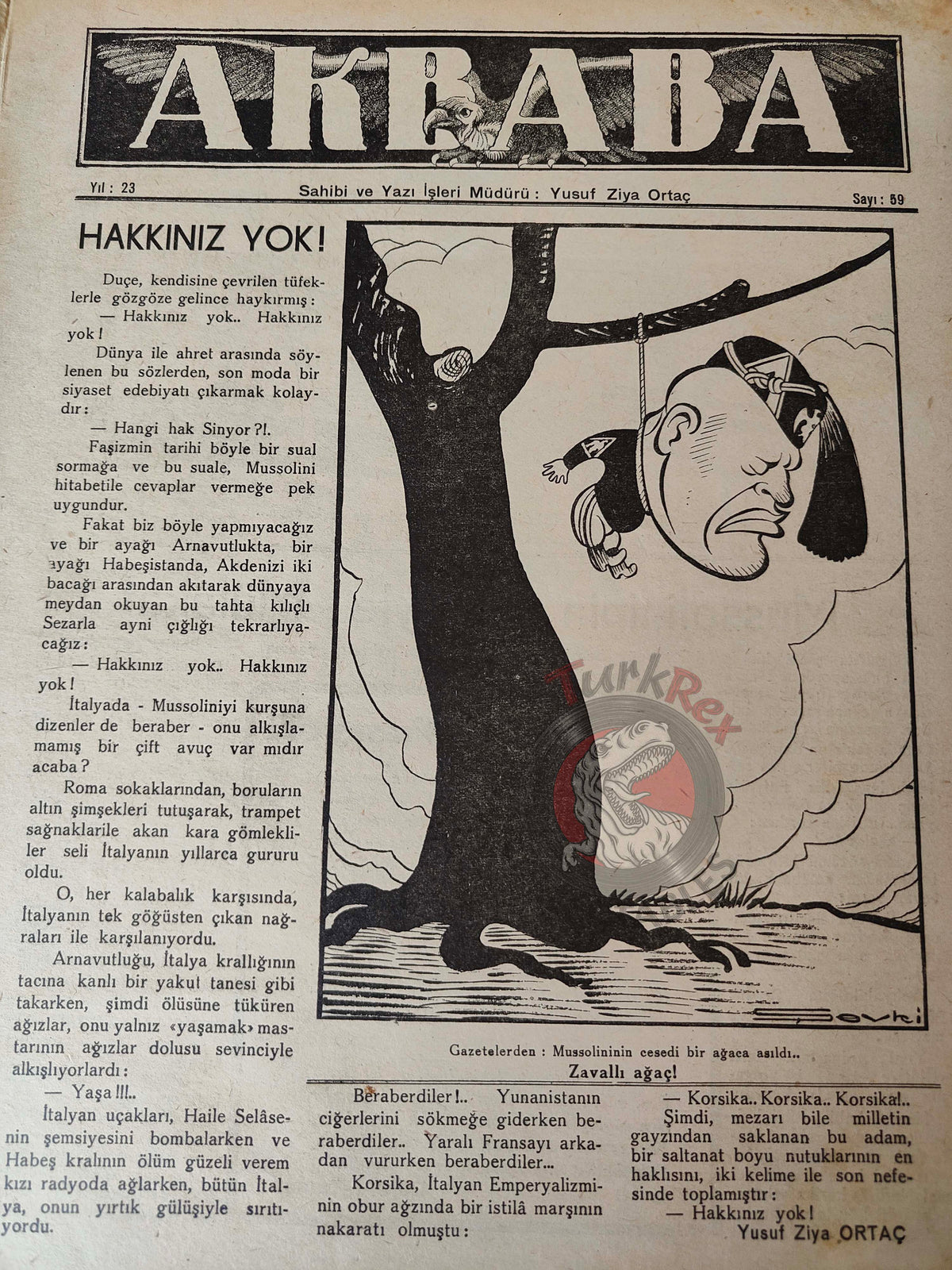 Akbaba 1945 Humor Magazine Turkish Turkey Germany Peace WW2 era Benito Mussolini
