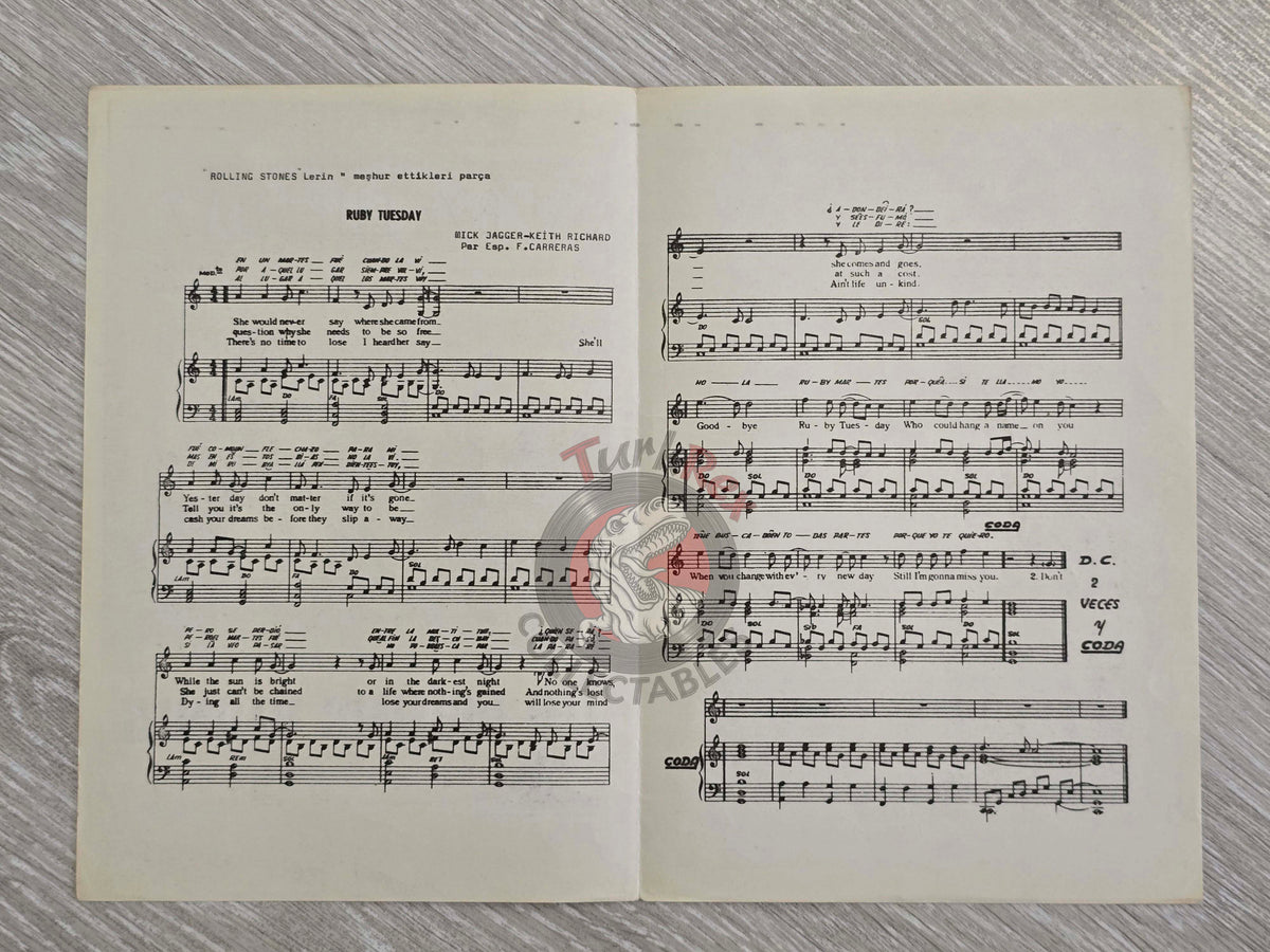 The Rolling Stones – Ruby Tuesday Turkish Vintage Musical Notes Sheet Turkey