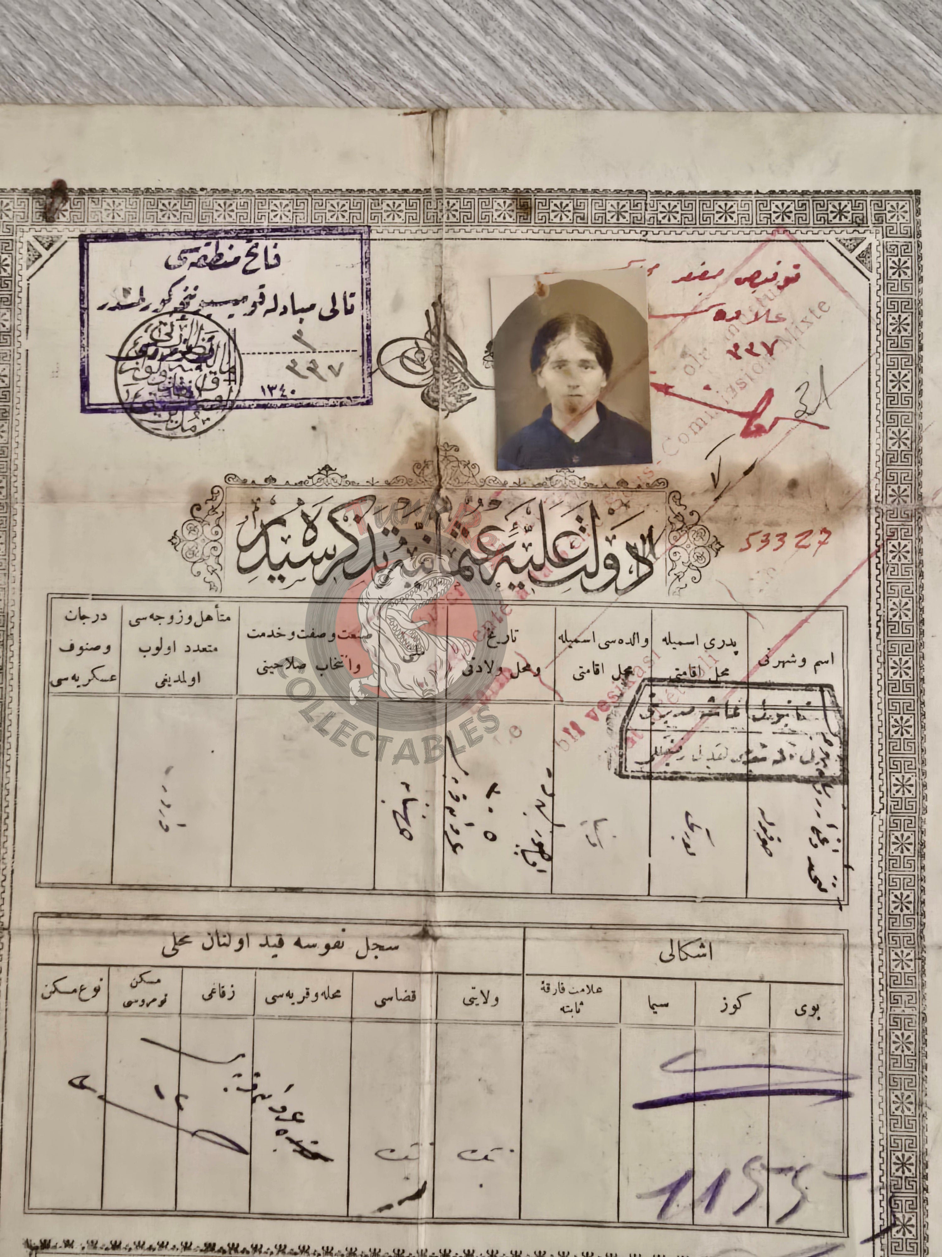 Ottoman Identity Document 1921 Niğde Greek Rum Citizen Greece with photo