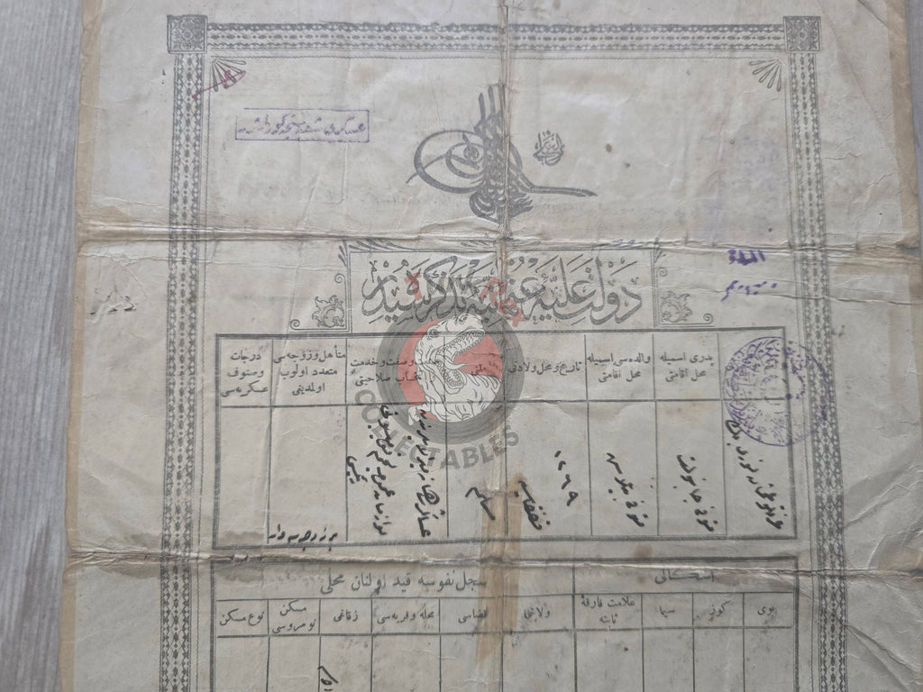 Ottoman Identity Document 1906 İstanbul Muslim Colonel Citizen Caucasus