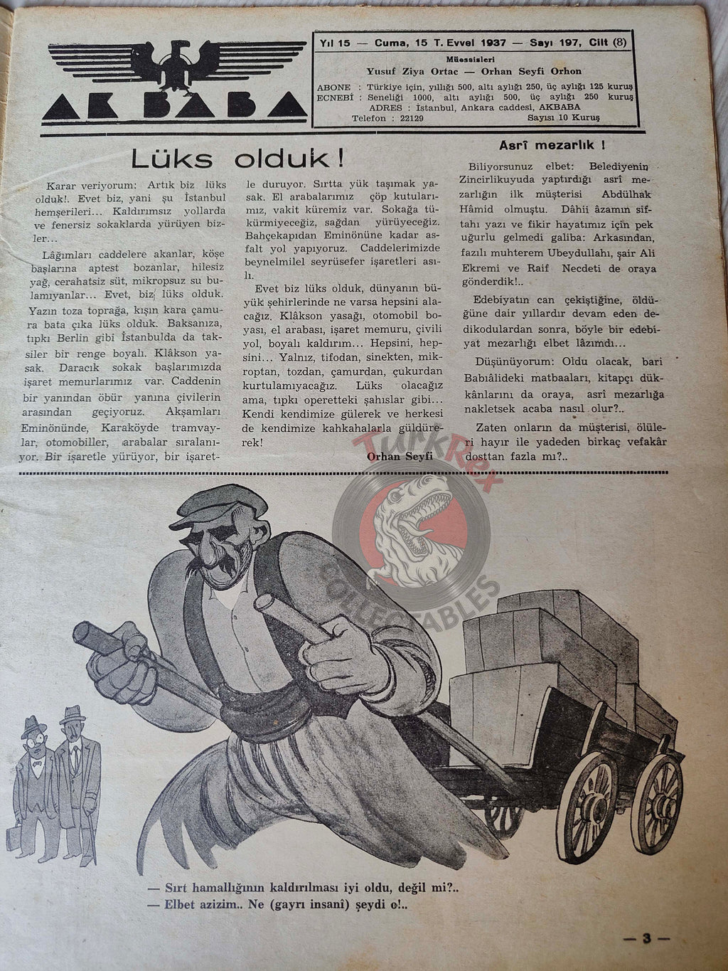 Akbaba 1937 Humor Magazine Turkish Turkey Pirate in the Mediterranean War WW2 era Westinghouse Bayer