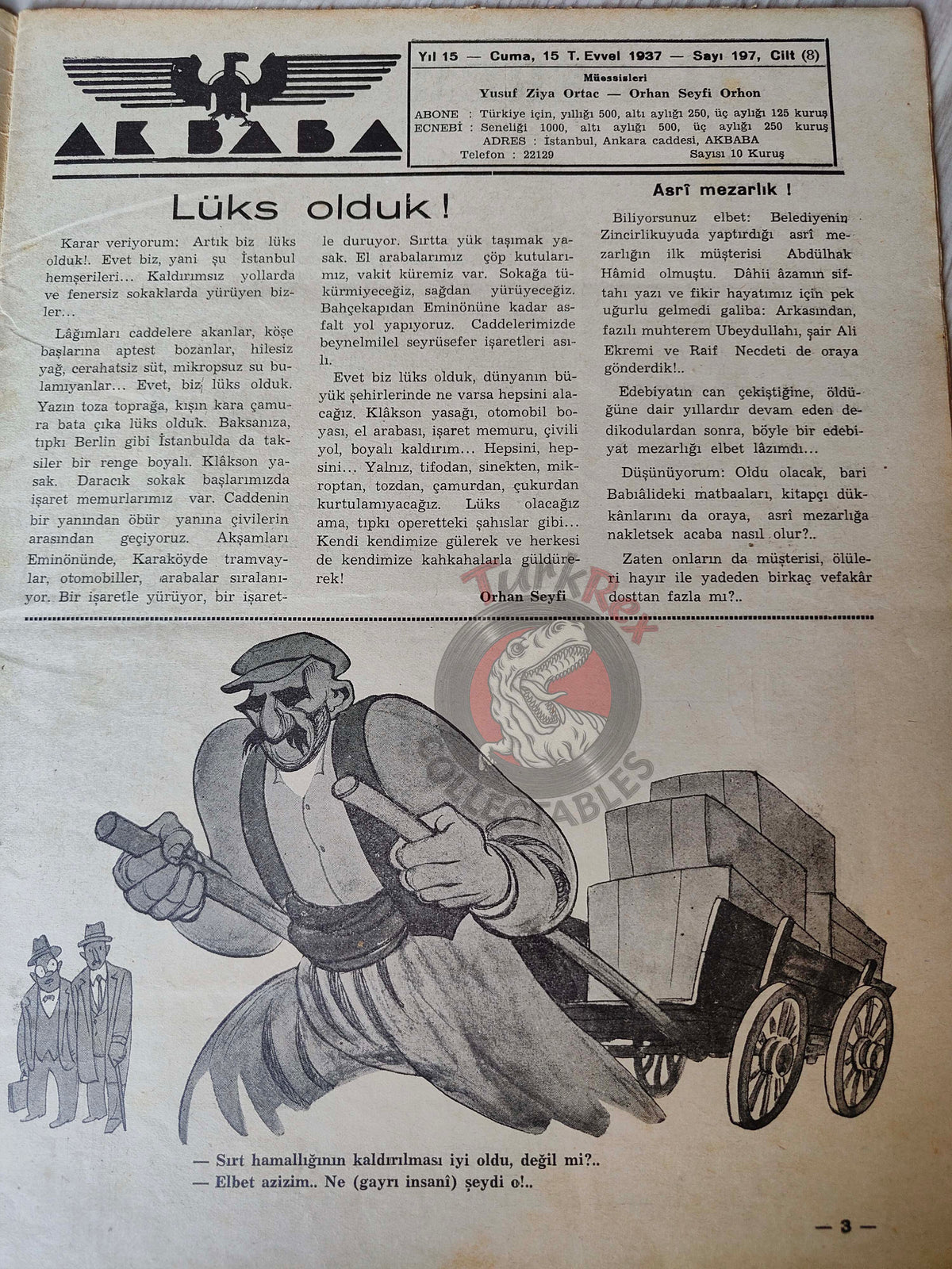 Akbaba 1937 Humor Magazine Turkish Turkey Pirate in the Mediterranean War WW2 era Westinghouse Bayer