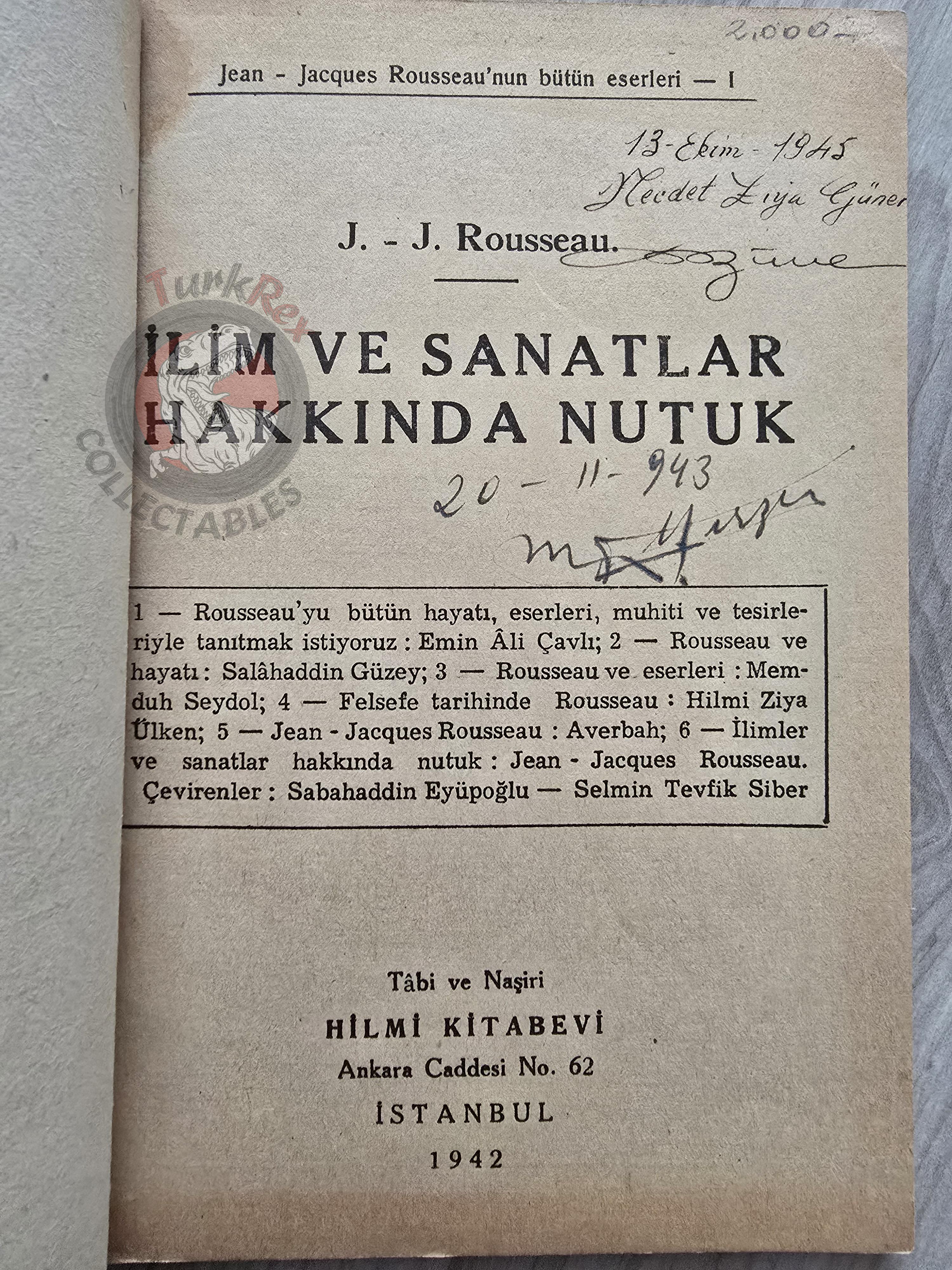 Jean-Jacques Rousseau – Discourse on the Sciences and the Arts 1942 Turkish Book Turkey