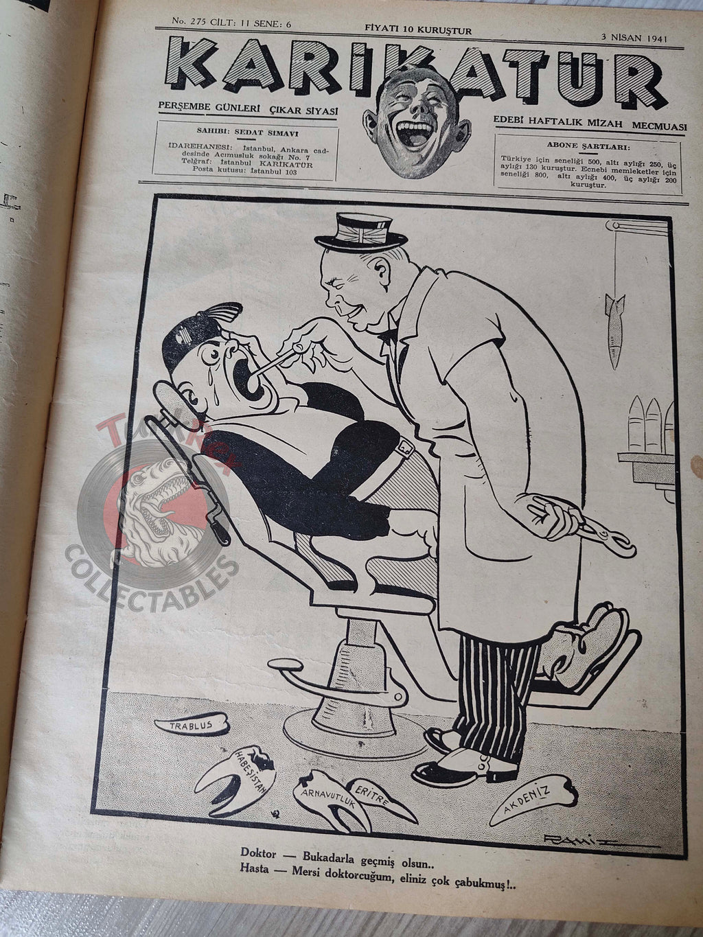 Karikatür 1941 Humor Magazine Turkish Turkey Germany German Soldier WW2 era Churchill Mussolini