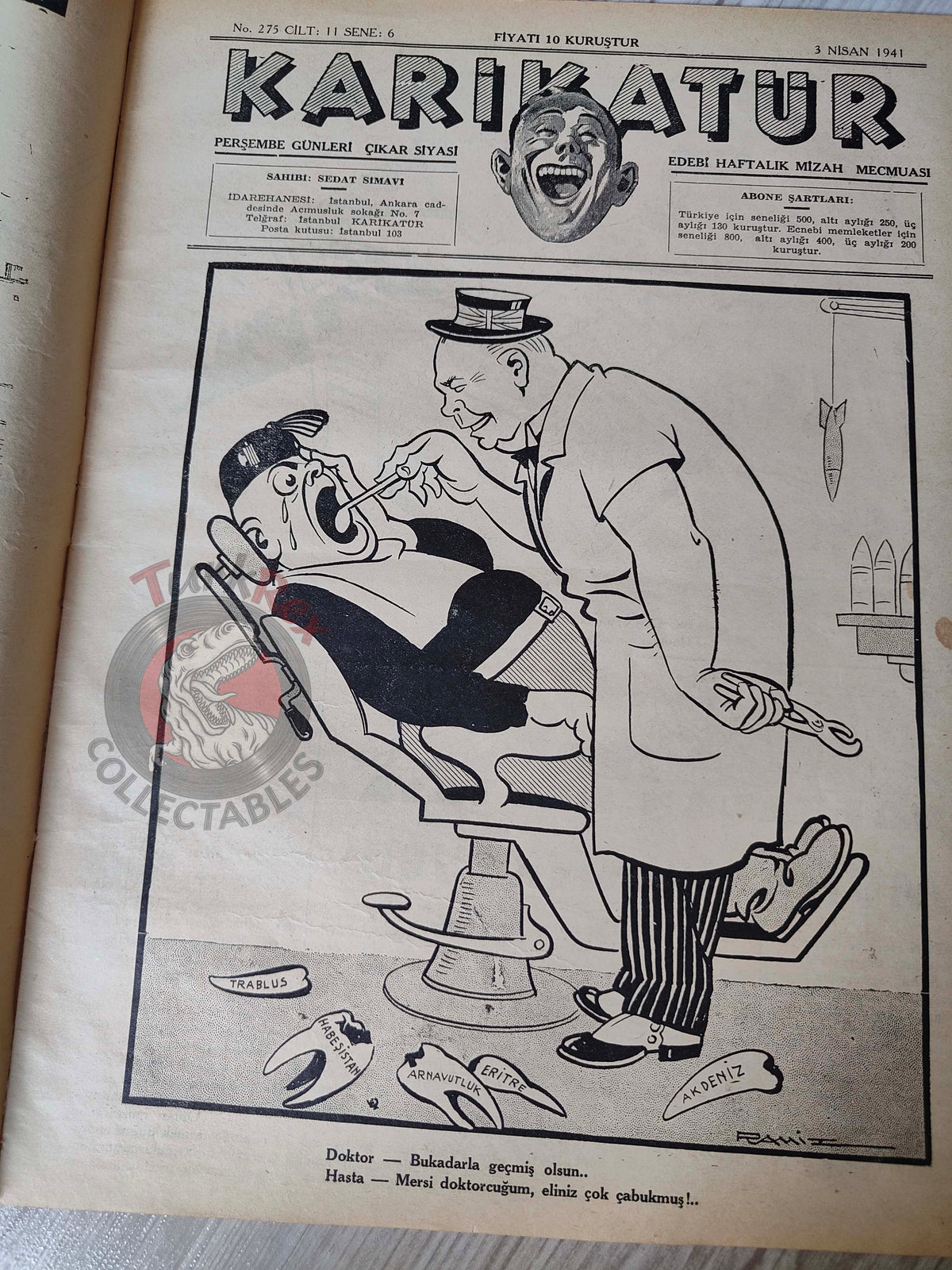 Karikatür 1941 Humor Magazine Turkish Turkey Germany German Soldier WW2 era Churchill Mussolini